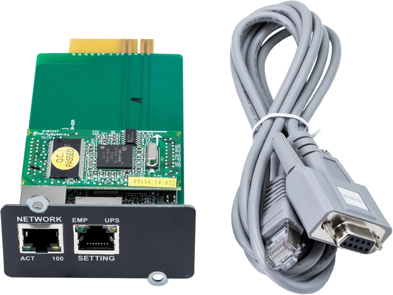 Предна страна view of the ABB Winpower SNMP Network Interface Card and its accompanying serial cable.