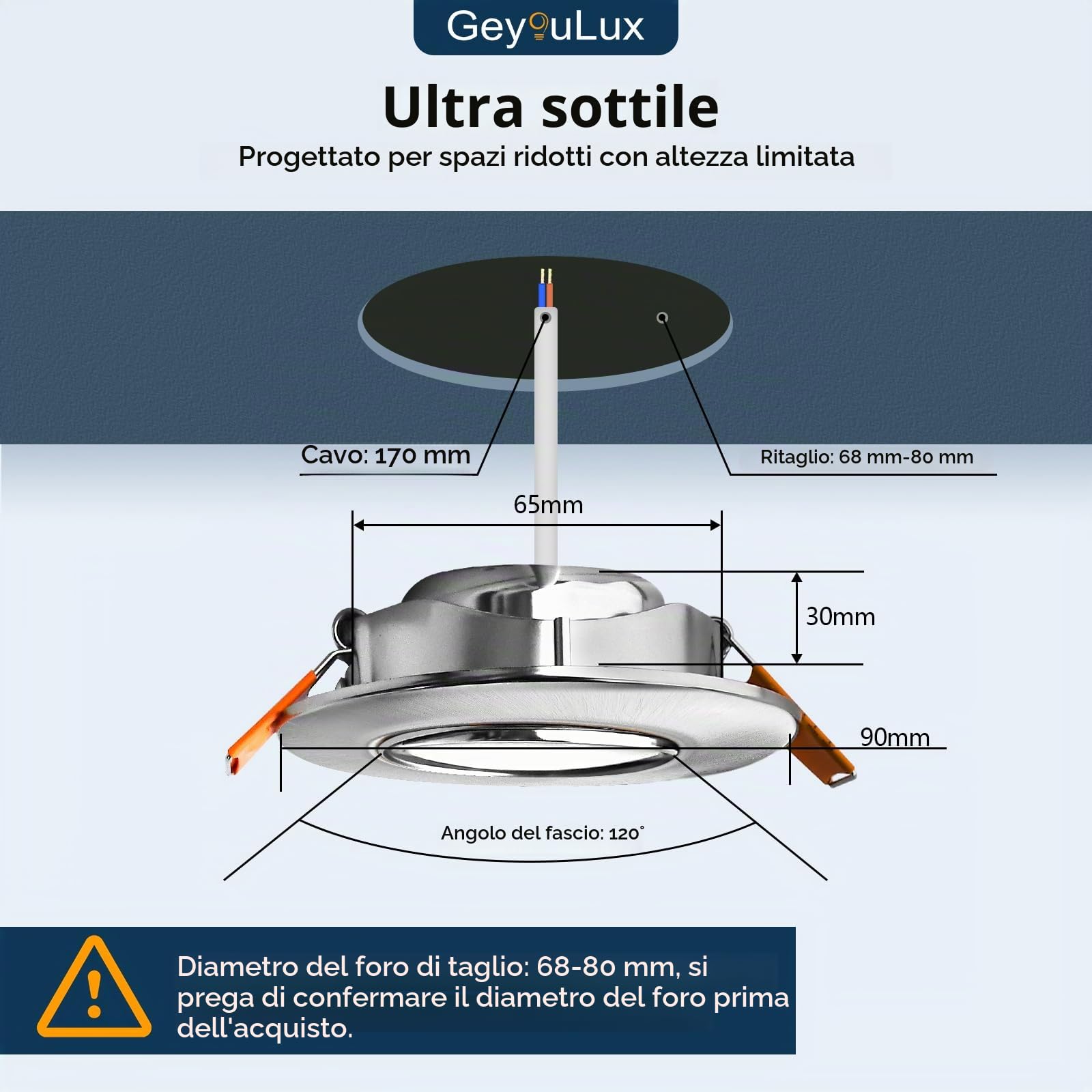 GeyouLux 3CCT Faretti LED da Incasso per Cartongesso Dimmerabile 4.9W 500LM 230V Faretti LED Soffitto IP44 Apertura 68-80mm Faretti Ruotabile a 45° Bagno Faretti da Incasso Set di 6 Nichelato