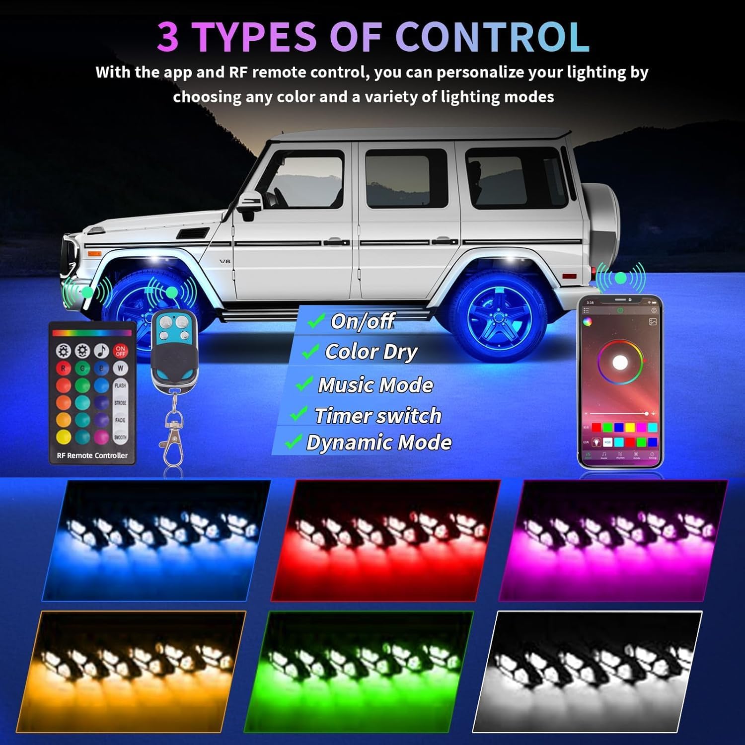 Rock Lights for UTV, 8 Pods RGB Underglow Kit with Sound Sync APP/Remote Control, Waterproof Lights for Car, Jeep, UTV, ATV, SUV, Home Décor, Camping, Bedroom & Party, Gift for Men