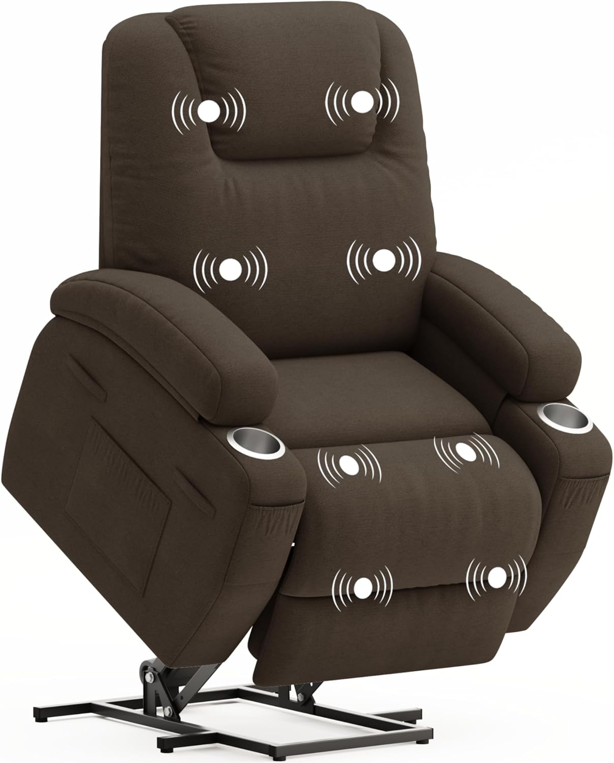 Power Lift Recliner Chair with Massage Ergonomic Recliner Chair for Elderly People, Single Sofa with Cup Holders, Side Pockets (Fabric, Brown)