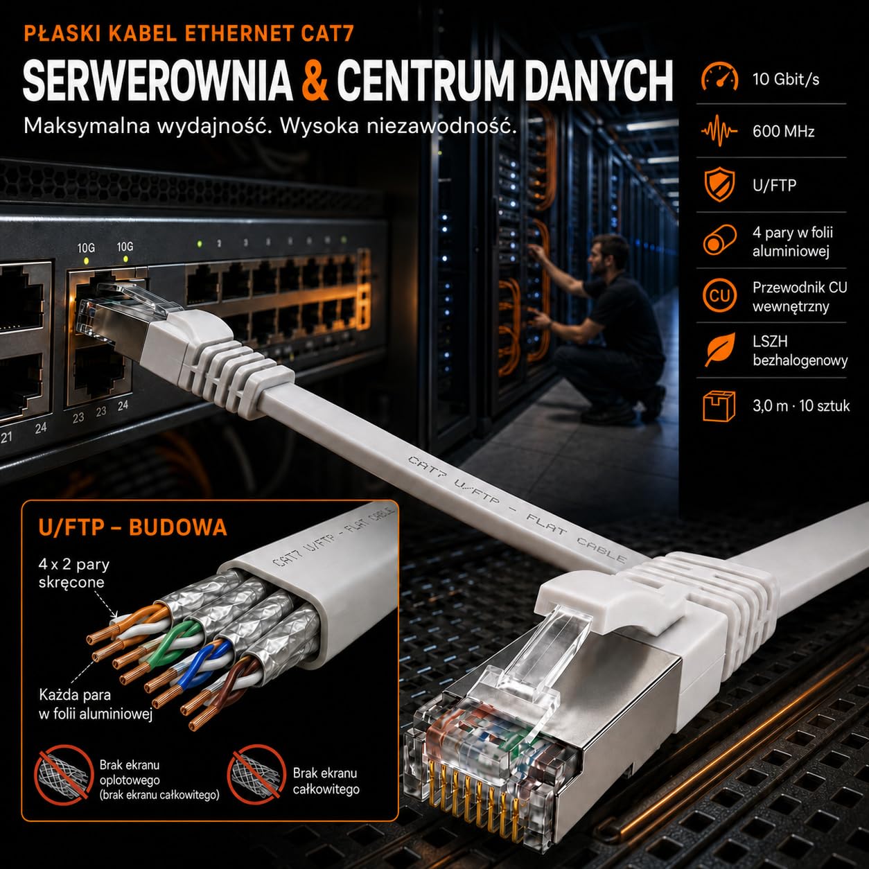 1aTTack.de 10m - szary - 10 sztuk Płaski kabel CAT.7 Gigabit Ethernet LAN (RJ45) surowy kabel sieciowy (10 Gbit/s) cienki płaski kabel instalacyjny kompatybilny z Cat.5 - Cat.5e - Cat.6