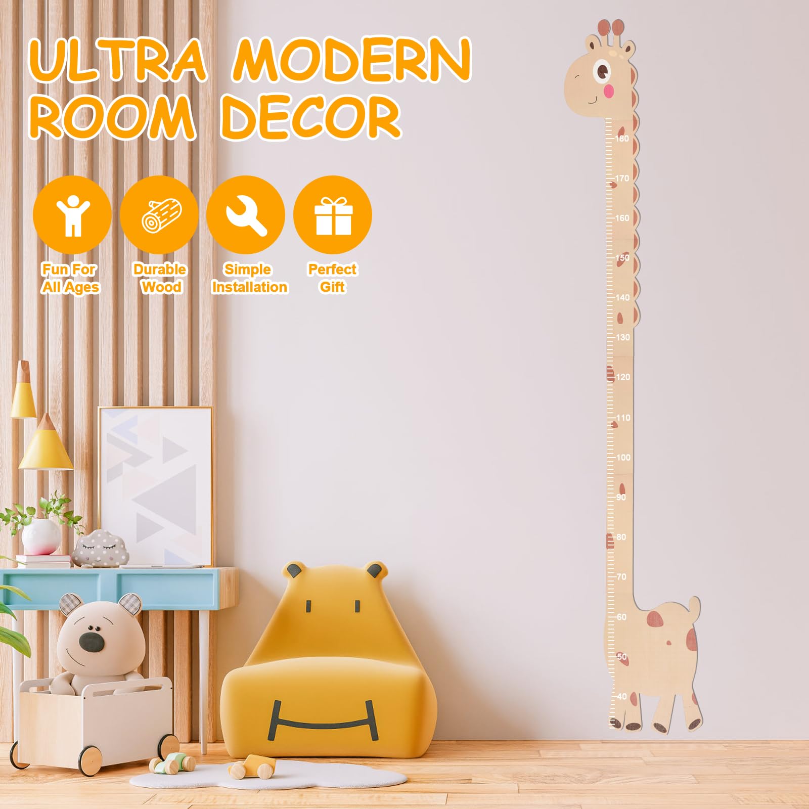 Messlatte Kinder Holz mit Tiermotiv, 50-180 cm Messlatten Wanddekoration für Baby- & Kleinkinderzimmer, Messleiste als Puzzle (Holzfarbe)