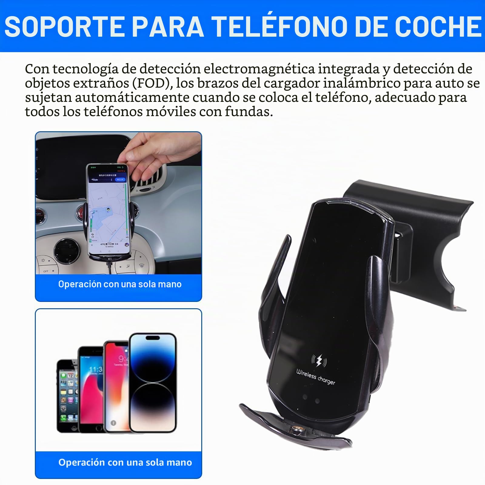 Soporte para teléfono móvil de coche compatible con Fiat 500 2016-2024, consola central, soporte de teléfono móvil de rotación de 360° (estilo C carga inalámbrica)