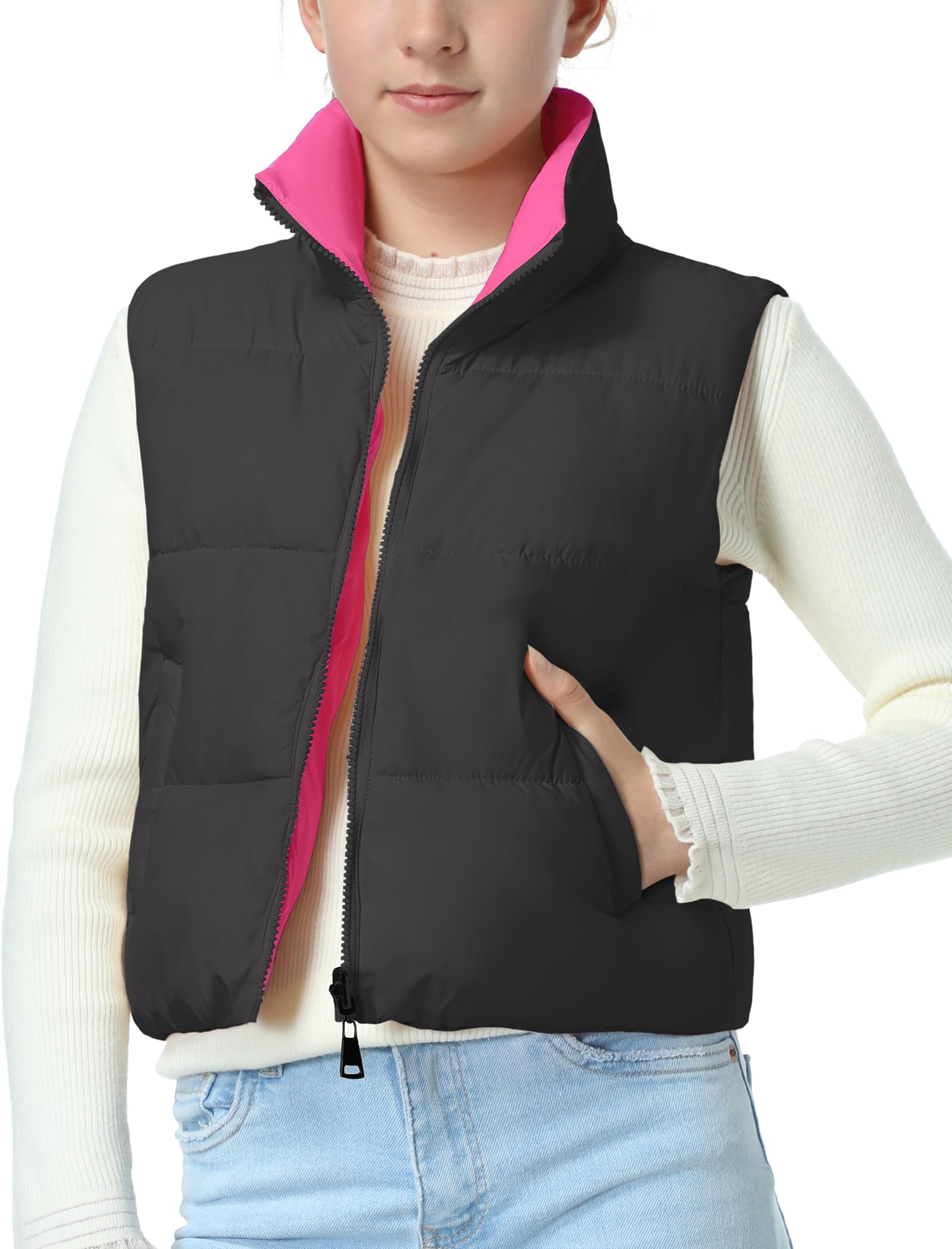 EXARUS Girls Puffer Vest Cropped Puffy Teen Water Resistant 6-14Y