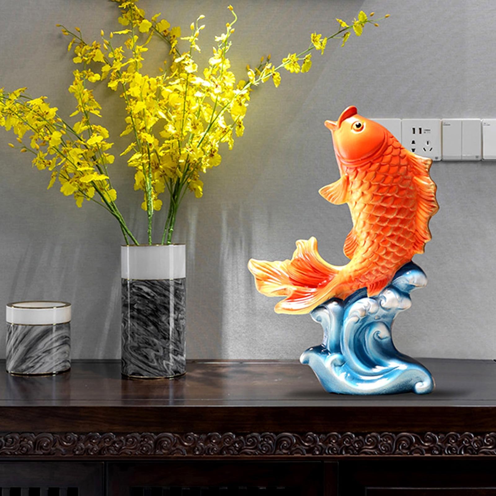 Amazon.co.jp: 磁器製赤い魚の波の置物鯉の像テーブル彫刻、セラミック 