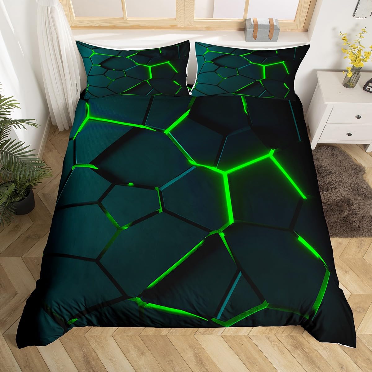 Loussiesd Hexagon Geometric Duvet Cover Women Girl Neon Hexagonal Bedding Single Green Black Modern Beehive Patterns Bedding Set Rug Print Zipper Closure