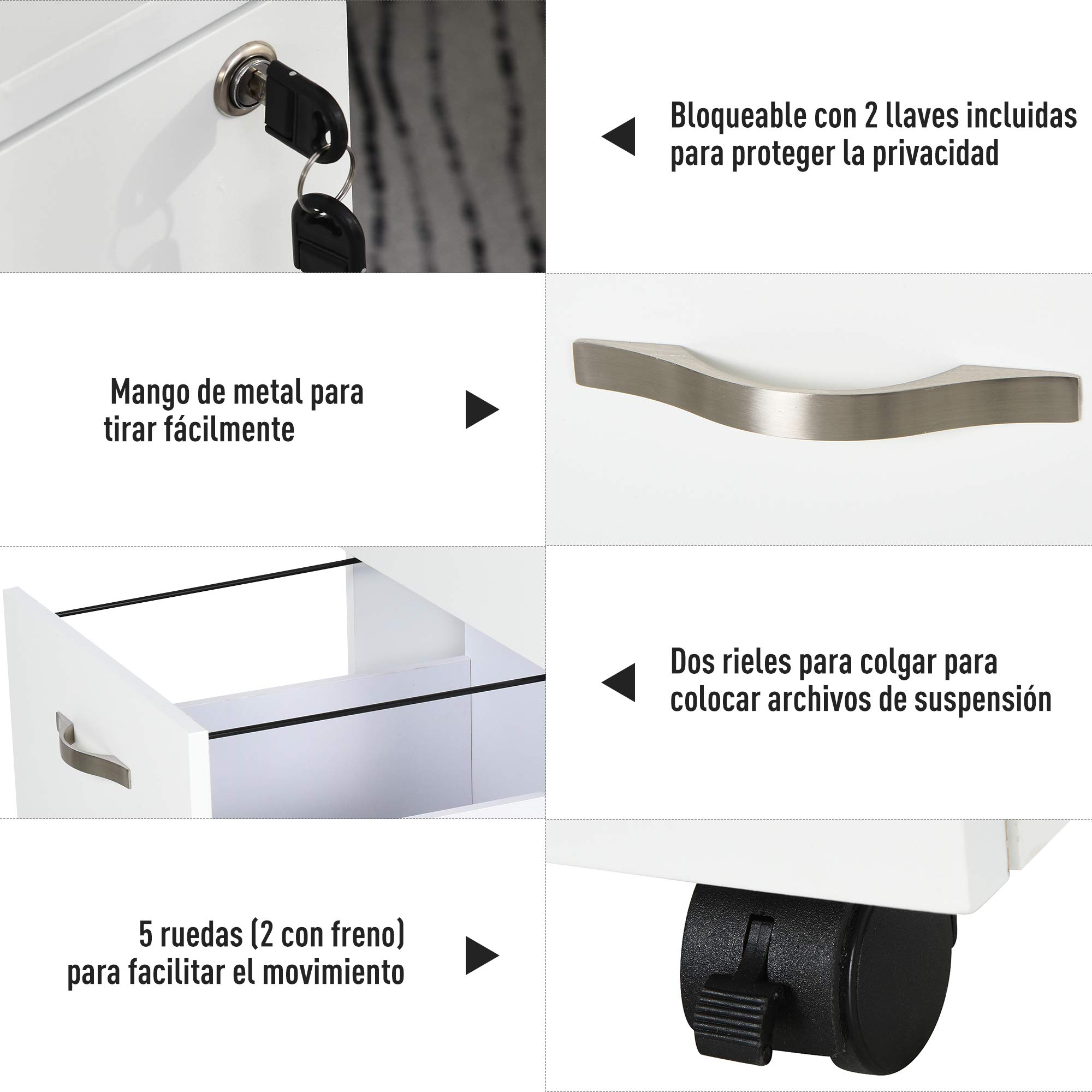 HOMCOM Cajonera de Oficina con Reudas Mueble Archivador con 2 Cajones Llave y Riel Colgante Armario para Oficina Estudio Diseño Moderno 40x45,5x52,5 cm Blanco