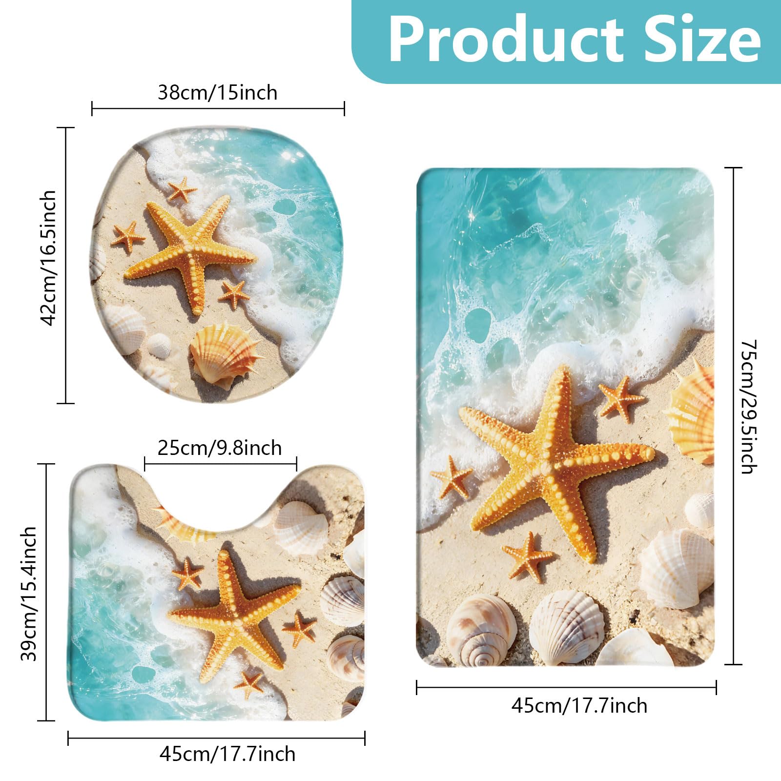 peacoblue Set di 3 tappetini da bagno con stelle marine e conchiglie