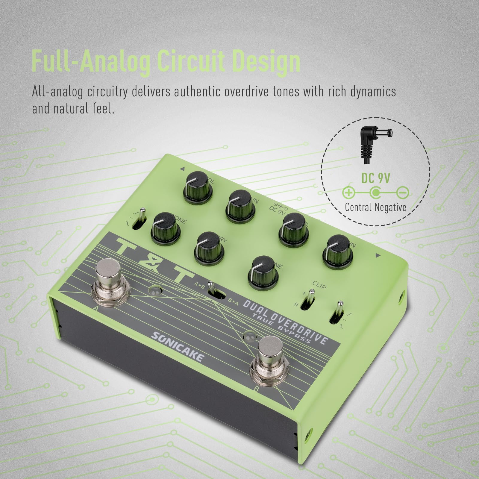 SONICAKE Overdrive Pedal para Guitarra Doble Canal Analógico 20+ Combinaciones de Tonos 3 Modos EQ True Bypass QDS-07
