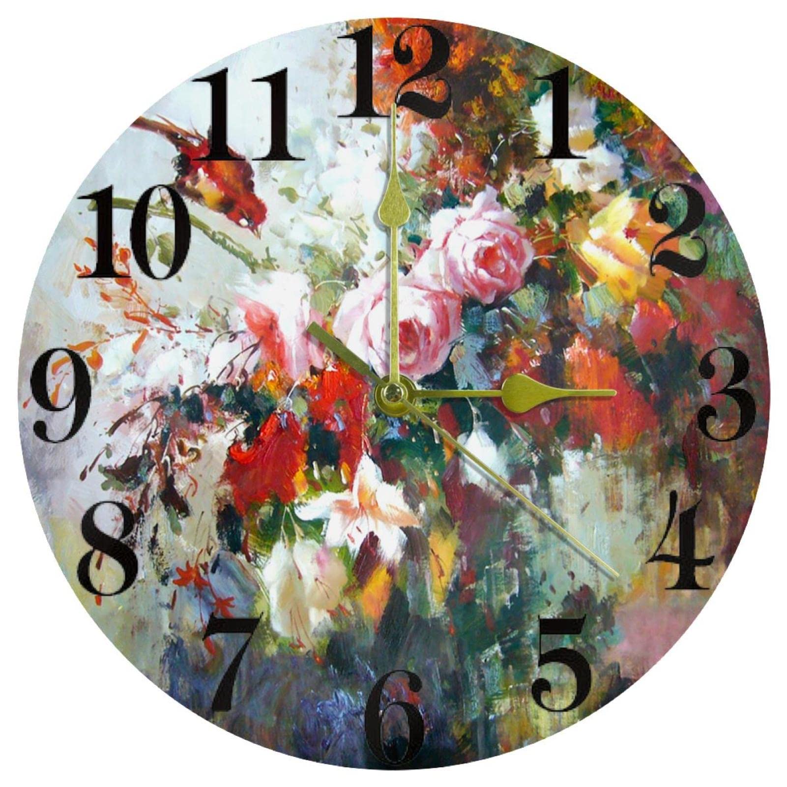 Horloge murale à quartz silencieuse de maison ronde avec fleurs imprimées