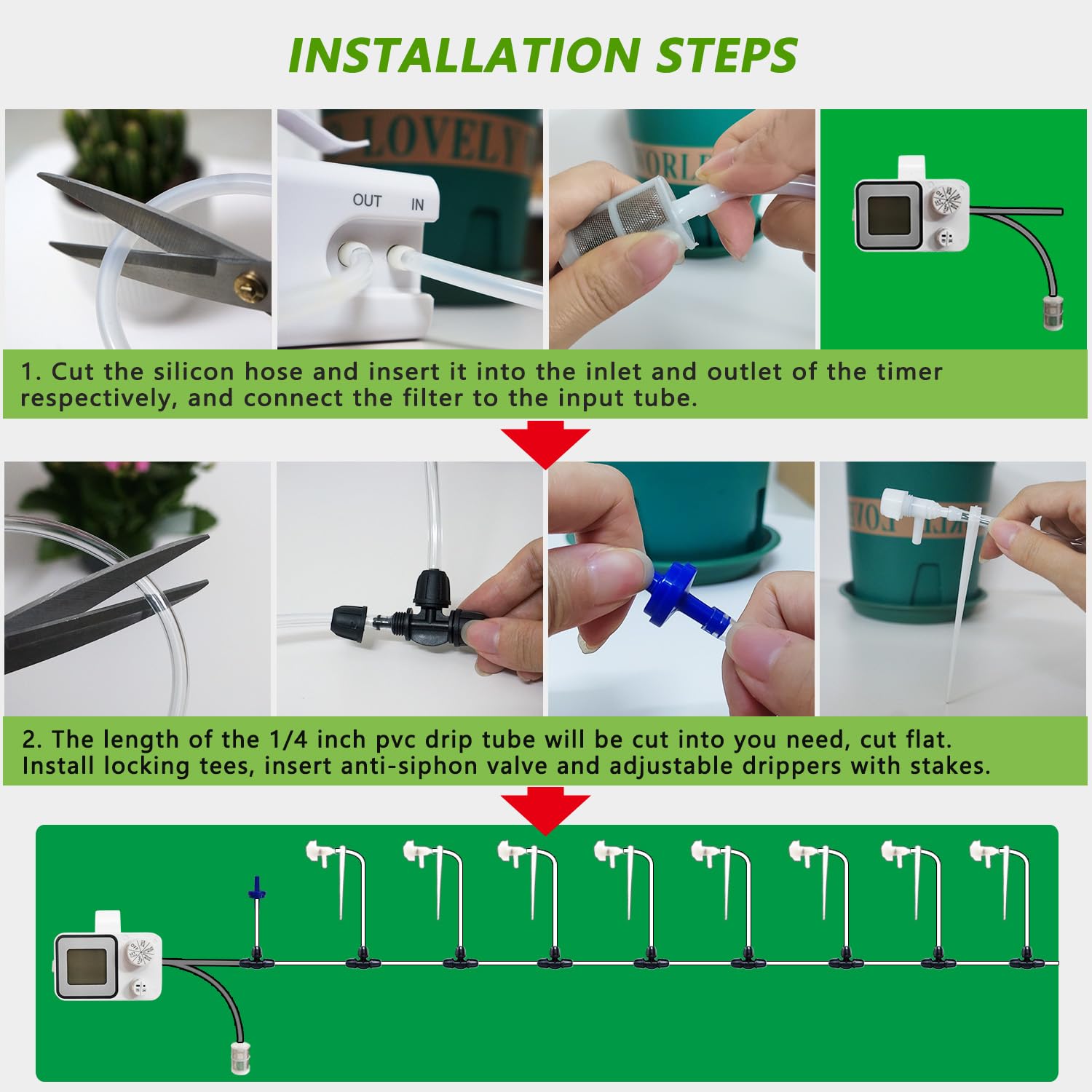 Riego automático de plantas de interior para 15 plantas en maceta, kit de riego por goteo con goteros ajustables y conectores en T bloqueables, temporizador programable digital, dispositivos
