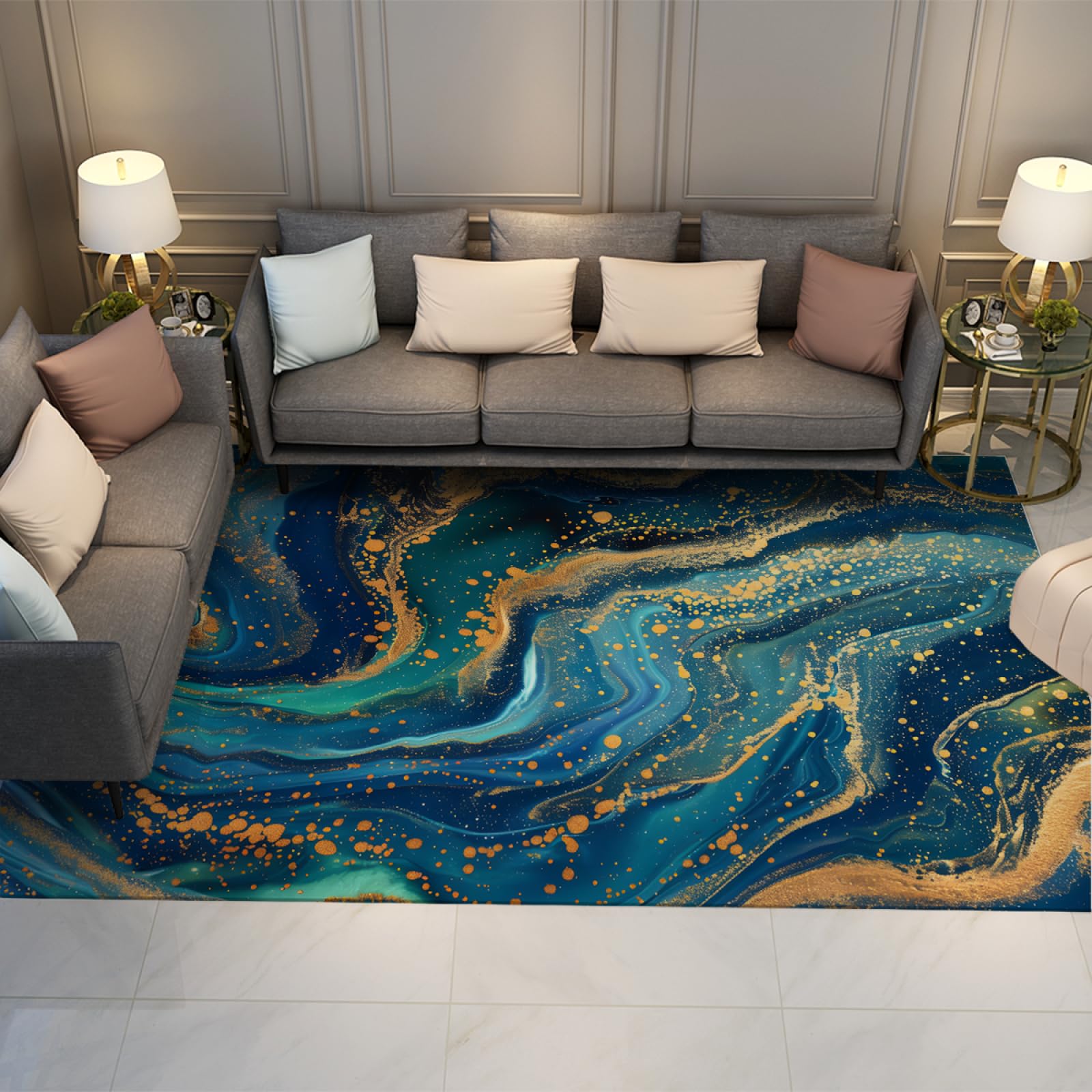 Tapis texture marbre et veine de rivière style ferme bleu haut de gamme