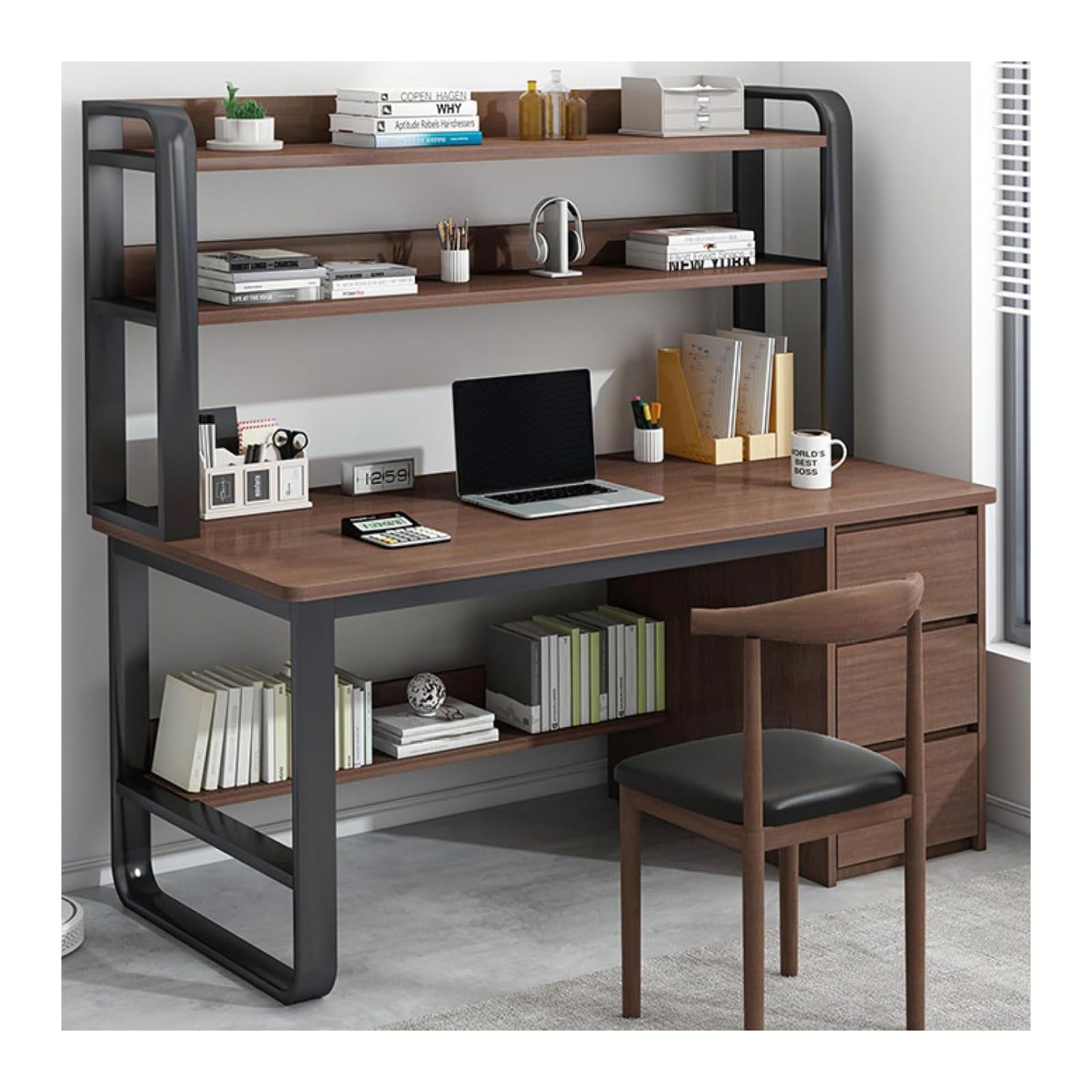 Wdsopk Brown Computer Desk Home Office Desk Computer Desk With 3 Drawers And Storage Shelves, Bookshelf Workstation For Study Play Work Bedroom Home Office（-100Cm）