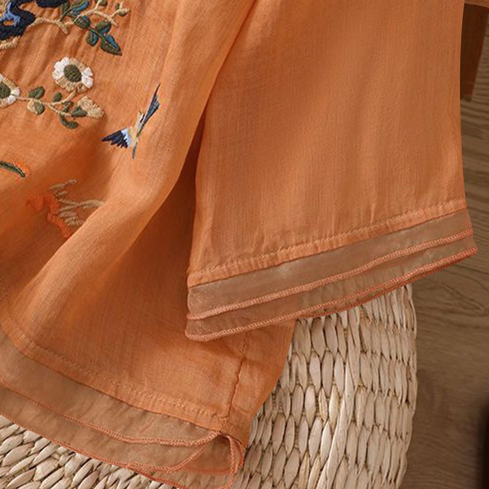 Linen Tops for Women Retro Embroidered Tunic Flowy 3/4 Sleeve Boho Shirts Casual Dressy Peasant Gauze Blouse