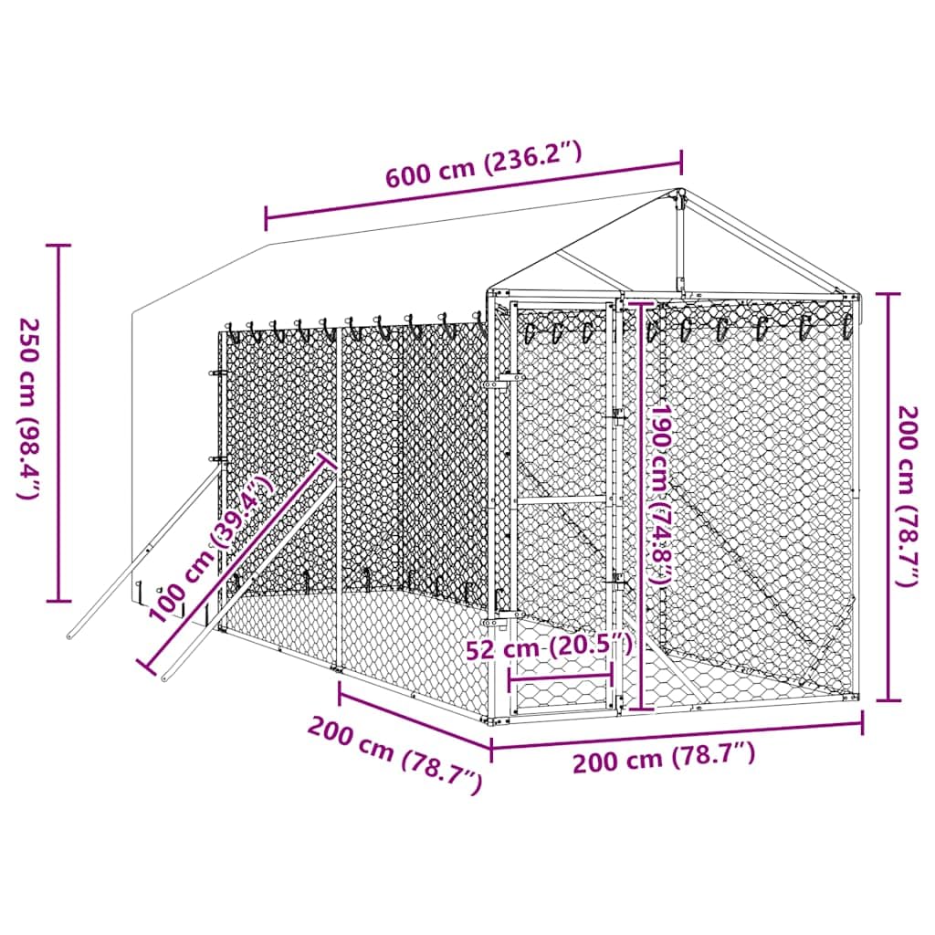 Perrera para perros al aire libre con techo plateado de acero galvanizado 2 x 6 x 2,5 m con puerta con cierre para perros, cachorros, animales pequeños, jardín, terraza, protección y seguridad