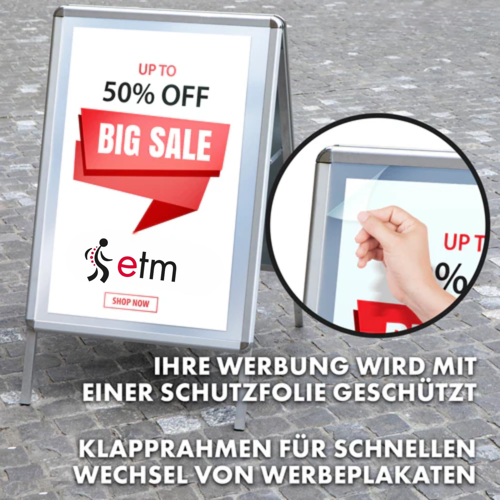 ETM Tope para clientes DIN A1 – Gran venta para 2 carteles con marco de aluminio de 25 mm – Incluye lámina protectora – Soporte para carteles resistente a la intemperie – Expositor para aceras