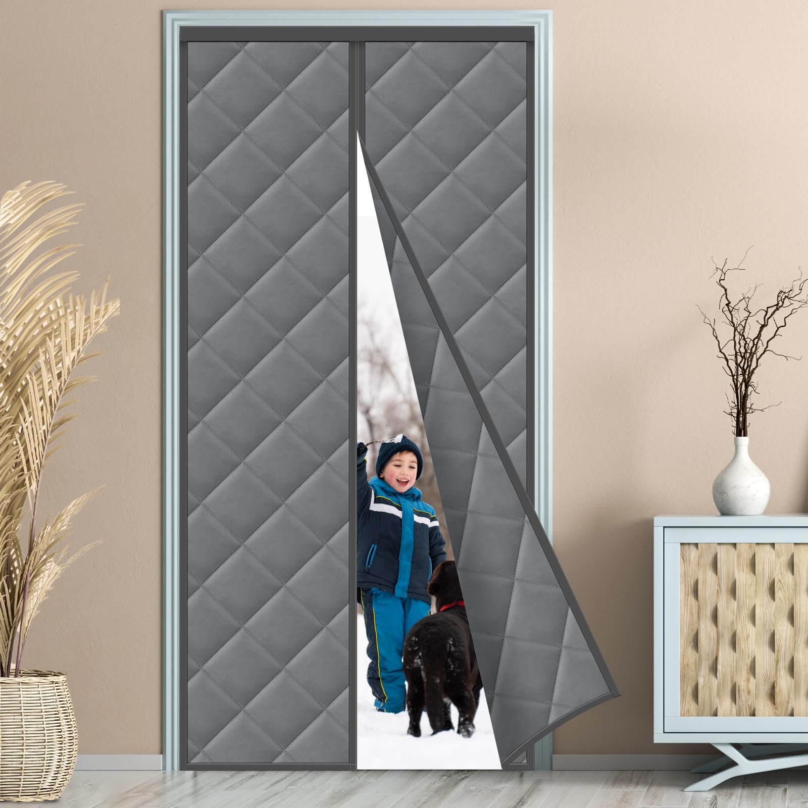 MYCARBON Cortina Térmica Magnética 120x220cm Resistente al Viento, Cortina Puerta Exterior Aislante Térmica Cierre Magnético Automático, con Cinta Adhesiva para Balcón Sala Estar Patio