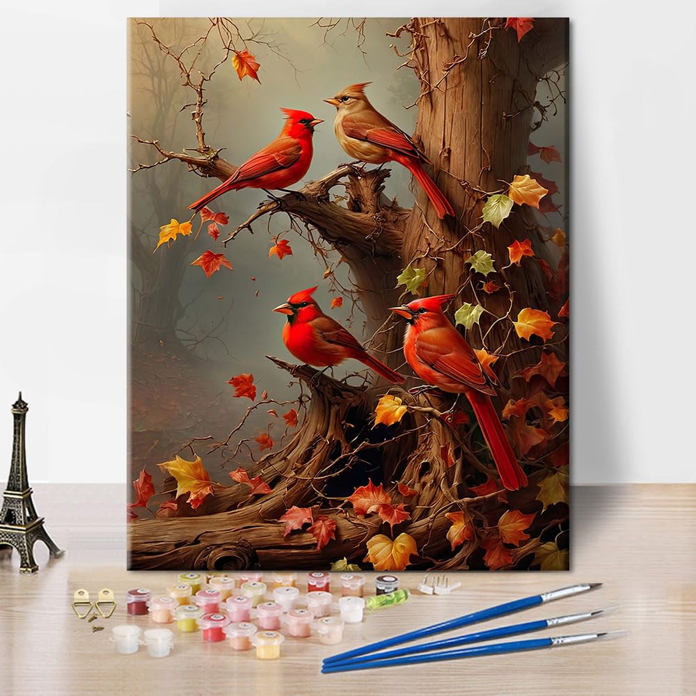 TISHIRON Red Cardinal Paint by Numbers for Adults, Birds Oil Painting for Gift Home Wall Decor, Adult Paint by Number Kits Autumn Leaves, Art Crafts 16"x20"(Frameless)