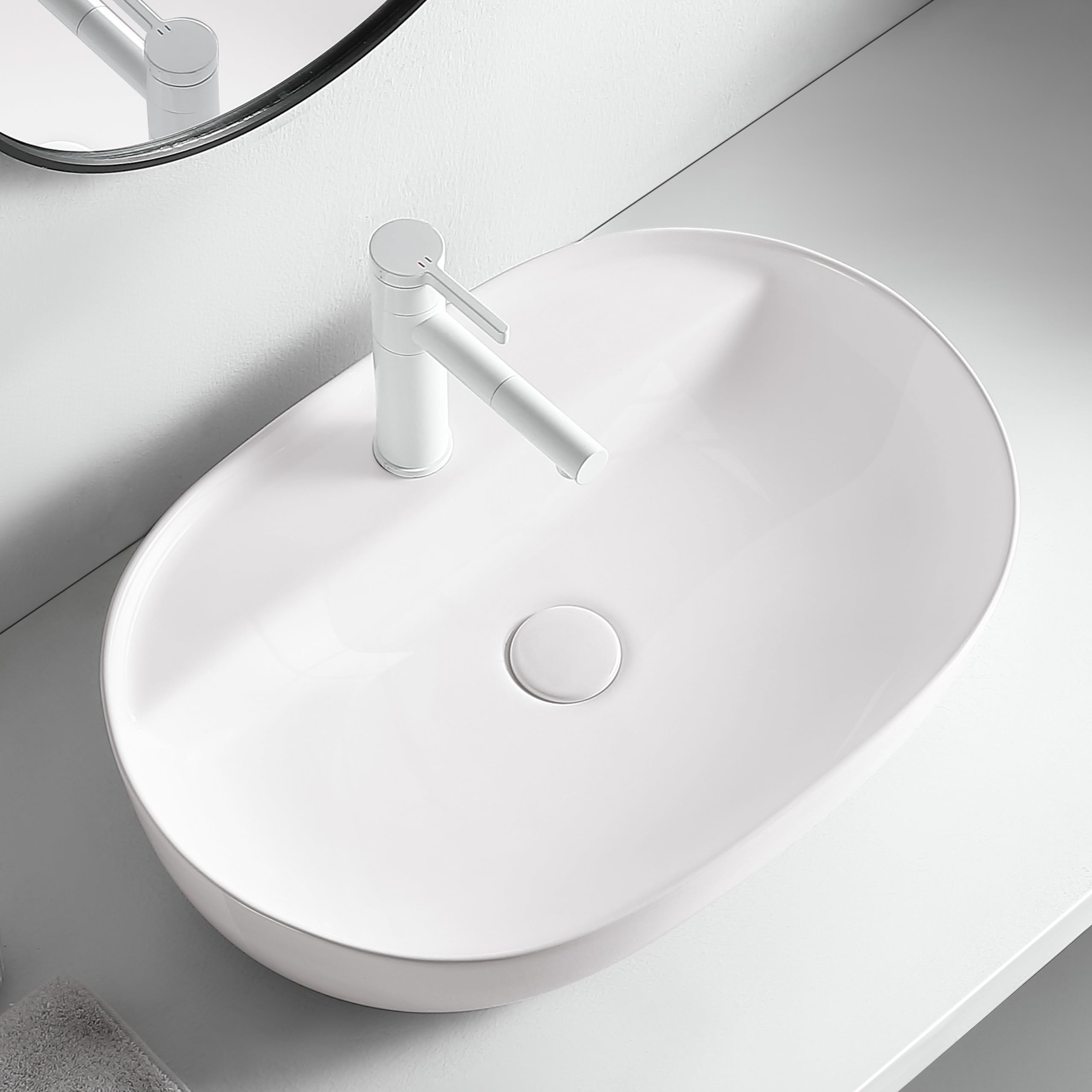 AQUAUNO Lavabo sobre encimera Lana, ovalado, 61,5 x 41,5 cm, cerámica blanca con agujero para grifo sin rebosadero, cuenco de lavado de cerámica sanitaria para baño
