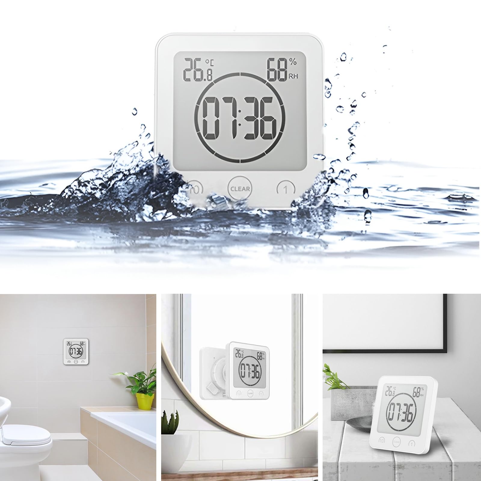 Reloj de Baño, Despertador Digital, Temperatura Humedad Reloj Digital Reloj Temporizador, Alarma Impermeable Temporizador de Cuenta Regresiva, LCD Control Táctil, para Baño de Cocina (Blanco)