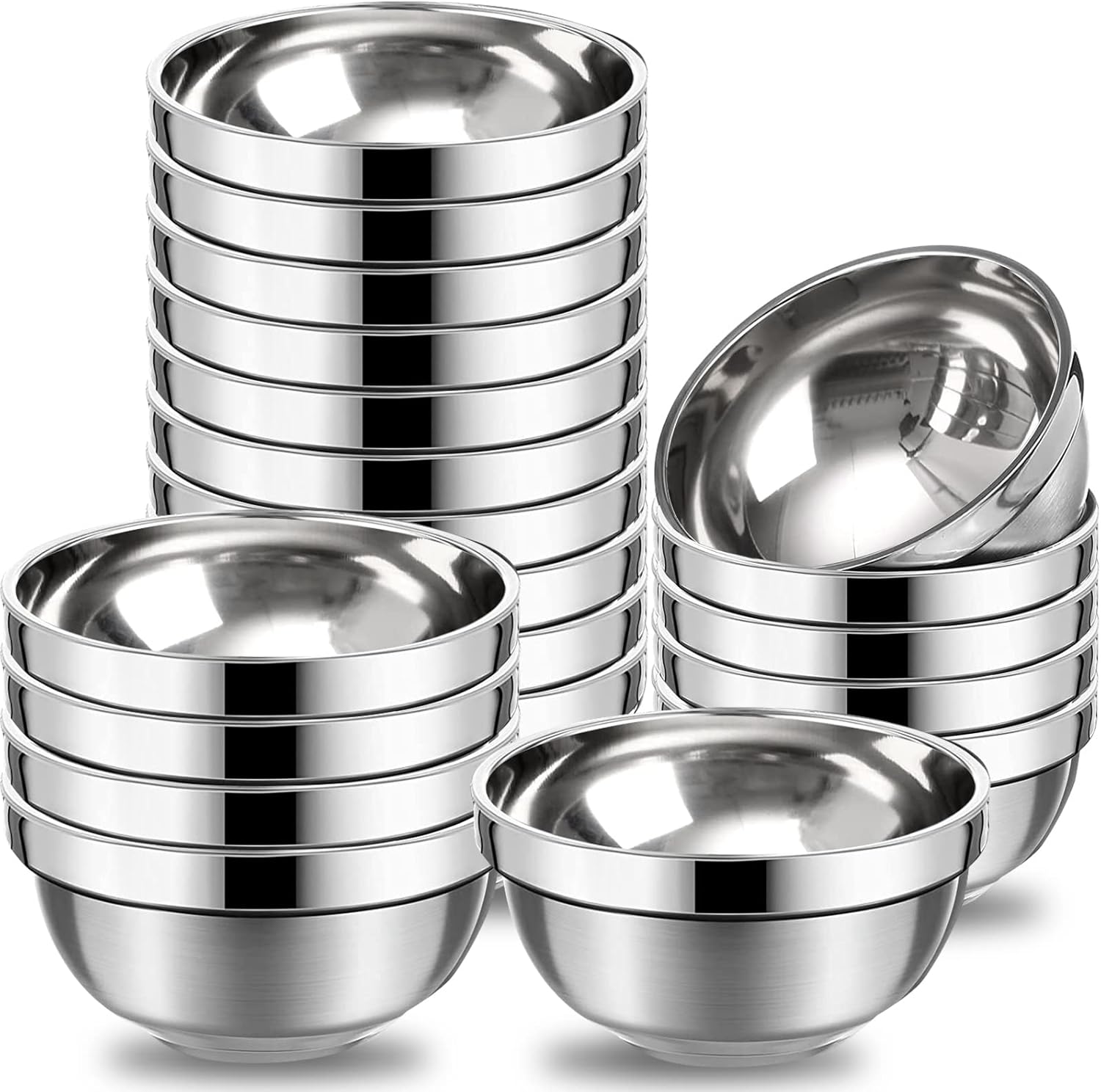 20 Pcs Stainless Steel Bowls Set 17 oz Double Walled Insulated Metal Bowl for Soup Snack Ice Cream Salad Noodles Sauces Serving, Easy to Clean, 5.1 x 2.6 Inch