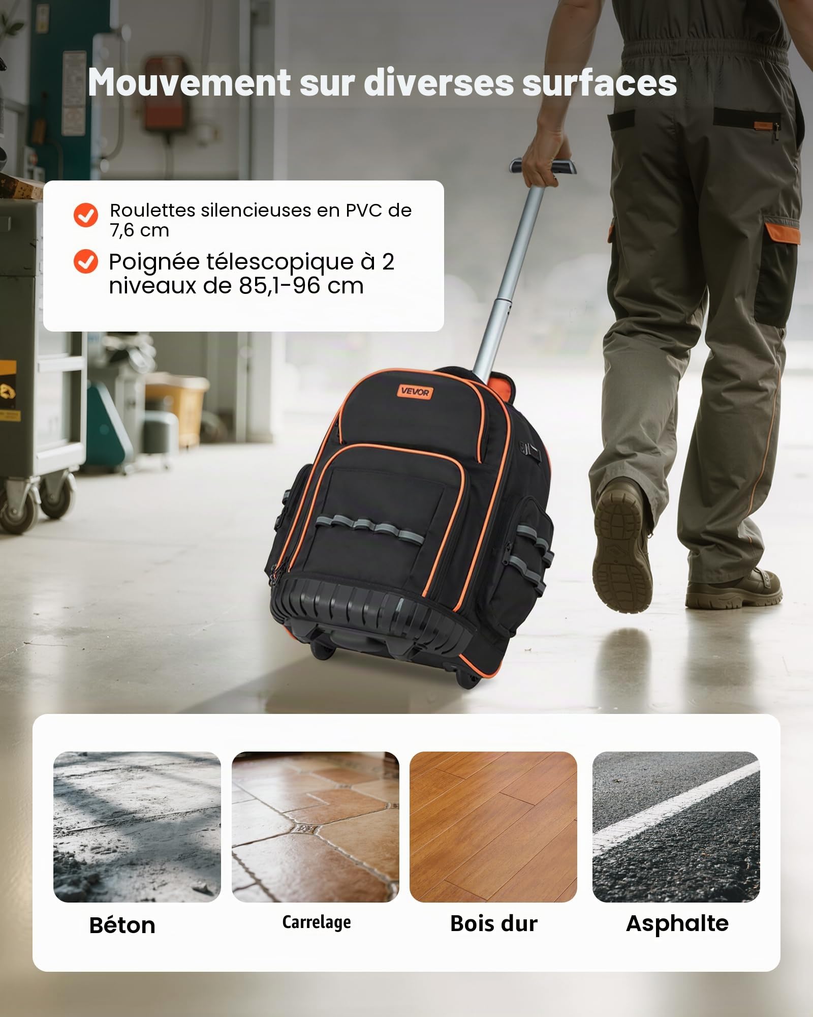 VEVOR Sac à Dos à Roulettes, Charge 50 kg, Sac à Outils, 44 x 25 x 48 cm, avec 45 Poches, Poignée Télescopique, Base Stable, Organisateur à Outils Robuste, pour Électriciens, Plombiers, Mécaniciens