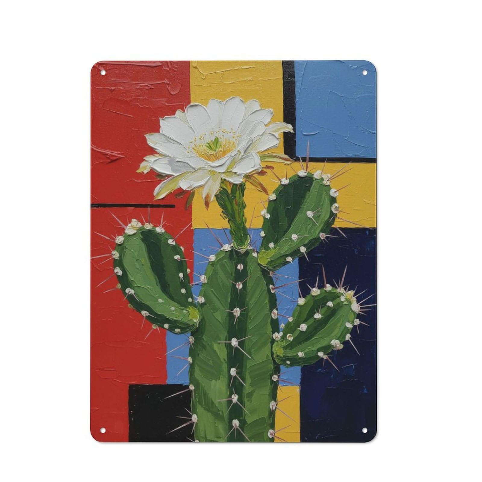 Junmoney Cactus Flower Painting With Geometric Backgro Tin Wall Plaque 40X30cm With Und For Bar Or Restaurant, Housewarming Wall Decor For People Furnishing Bar And Restaurant