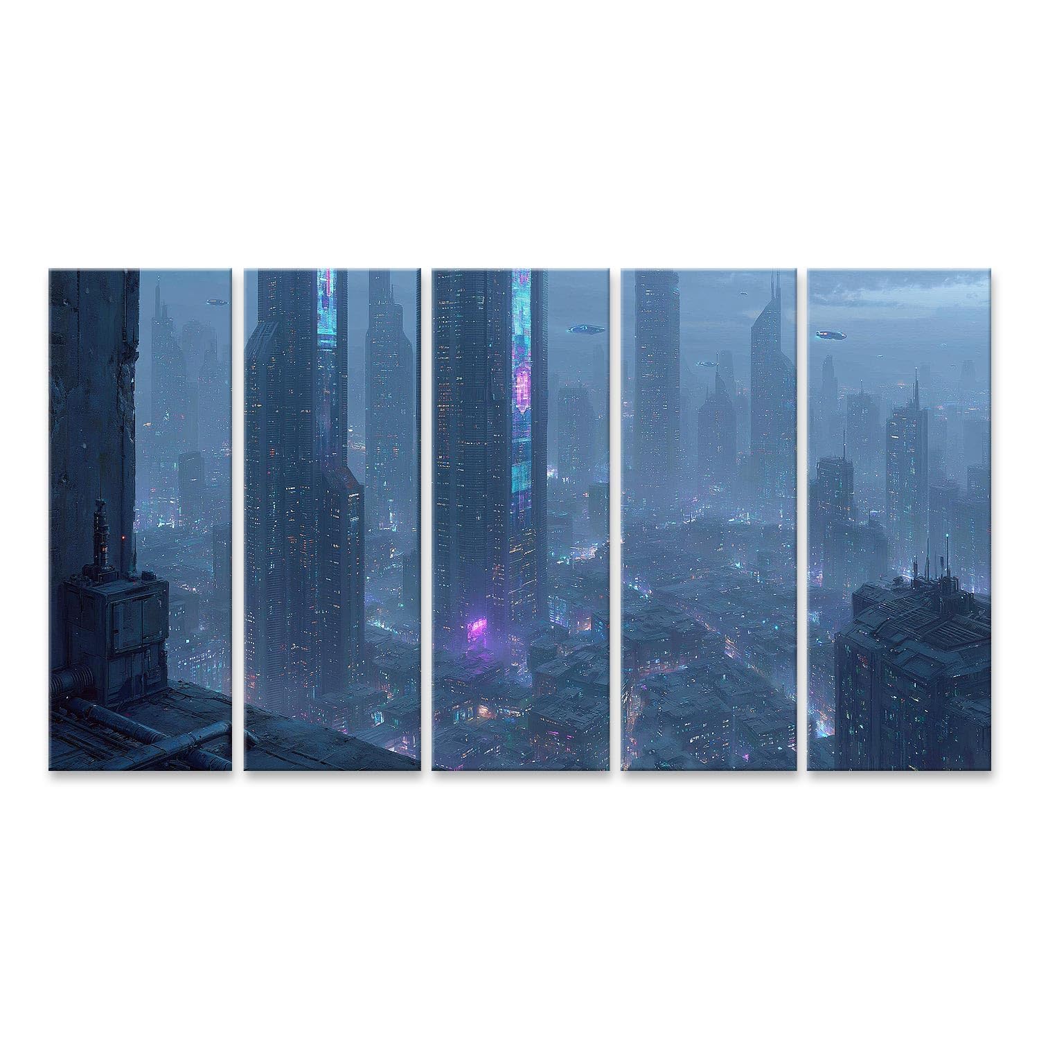 islandburner Quadro su tela Futuristico Cyberpunk Urbano Murale Ufficio per gli appassionati di fantascienza – 5 pezzi XXL