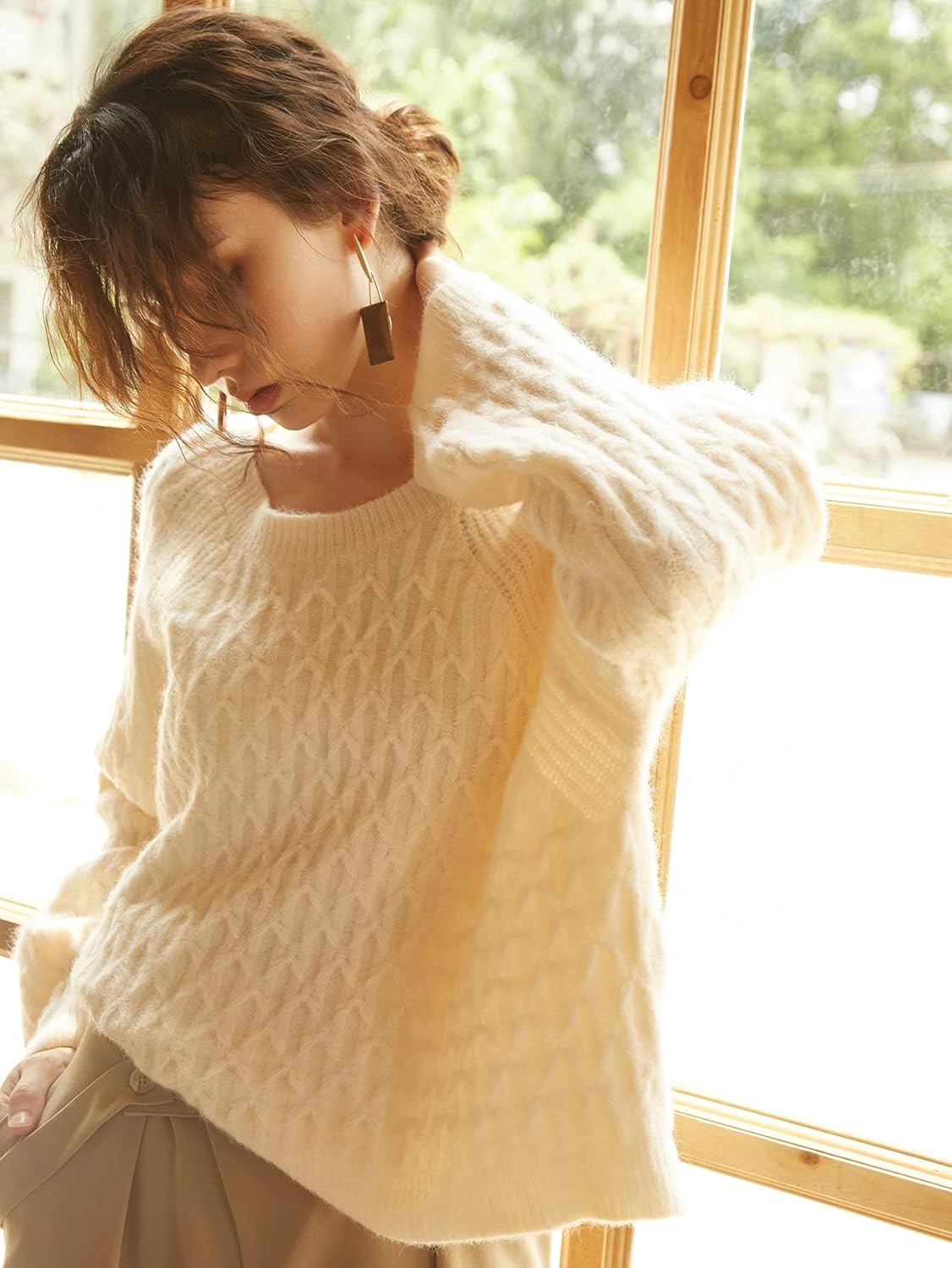 Sweater Womens Sweater Solid Raglan Sleeve Sweater (Color : Beige, Size : Large)