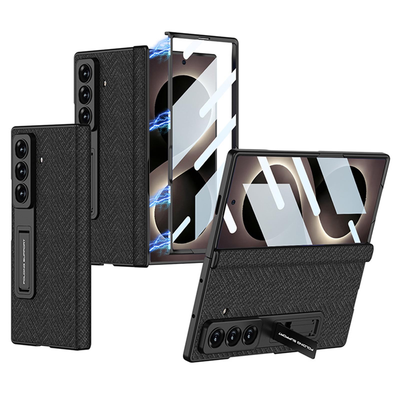 FDUJINH Case Kickstand for Samsung Galaxy Z Fold 8 Ultra, Built-In Screen Protector Hinge Leather Cover Cloth Pattern Shockproof Shell,Black,Fold 8 Ultra