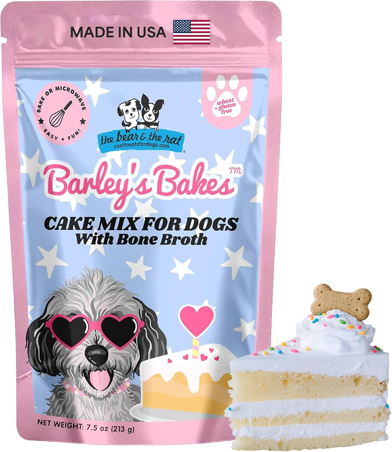 The Bear & The Rat Dog Birthday Cake Mix for Dogs, Peanut Butter Flavor, Makes Dog Birthday Cake & Cupcakes, Gluten-Free Dog Treat Baking Mix, Made in USA, 7.5 oz