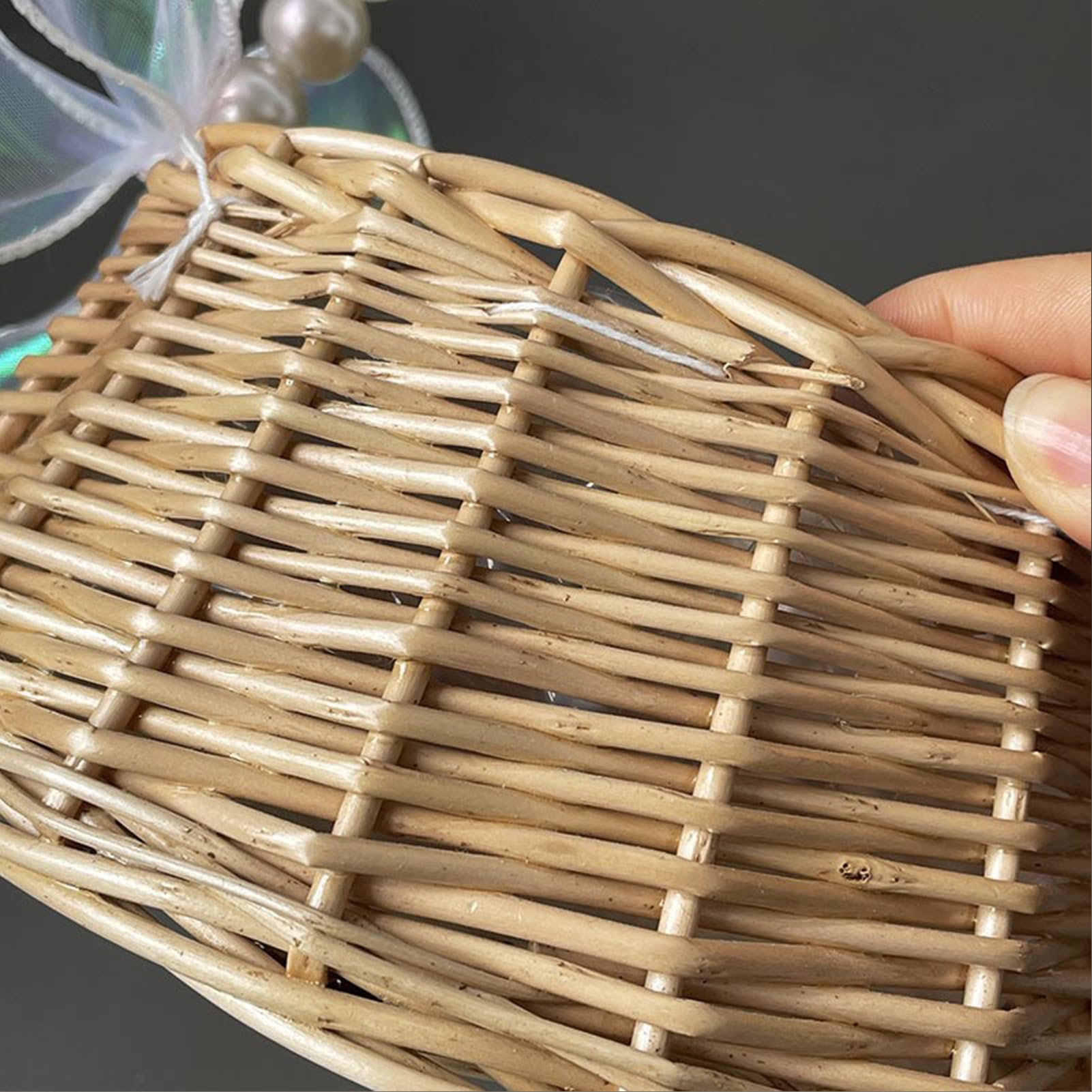 MISNODE Pearl Hand Woven Basket - Waterproof Rattan Flower Girl Basket, Small Decorative Storage (Khaki)