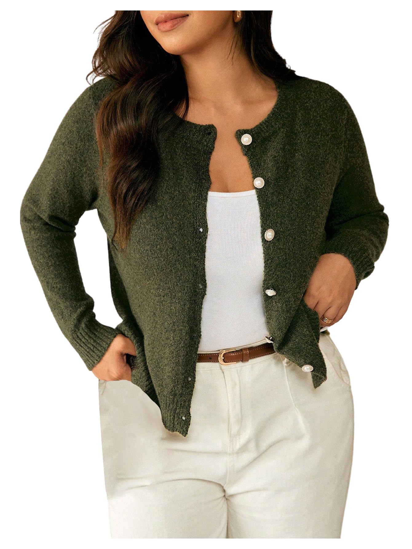 SHENHE Womens Plus Size Crew Neck Cardigan Sweater Button Up Long Sleeve Knitwear Tops