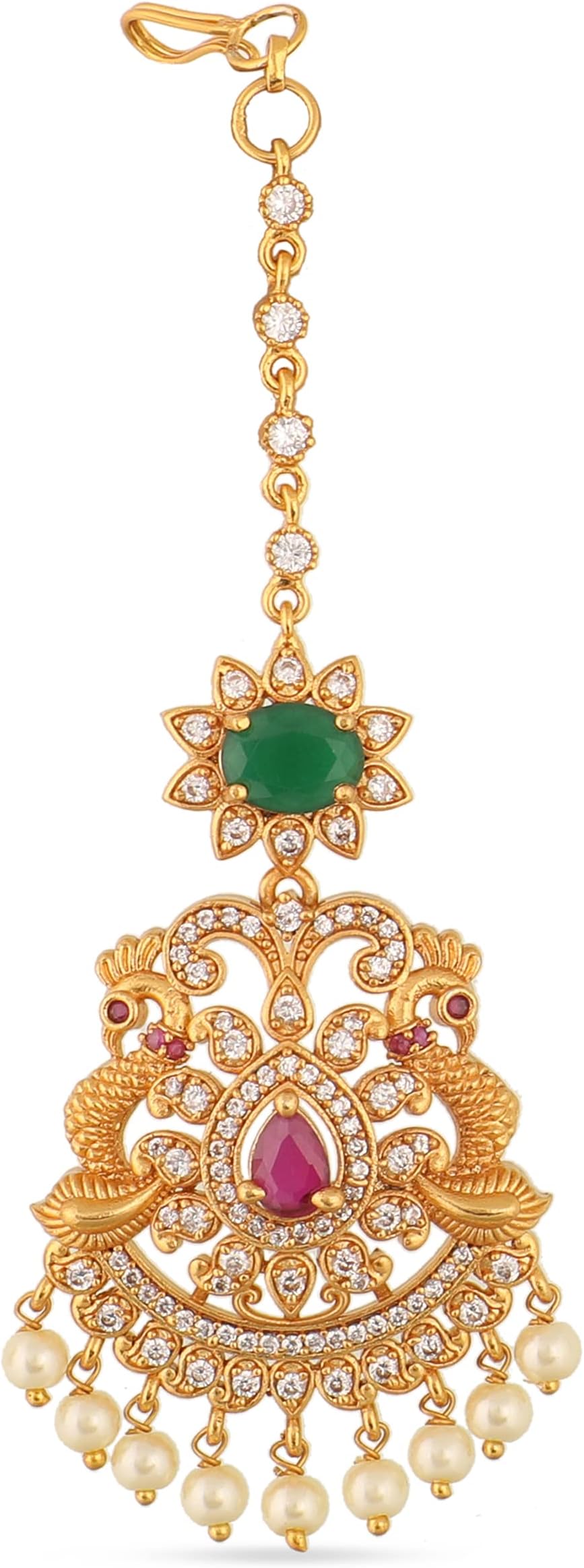 TARINIKAGold-Plated Indian Maang Tika - White Red Green-- For Women and Girls