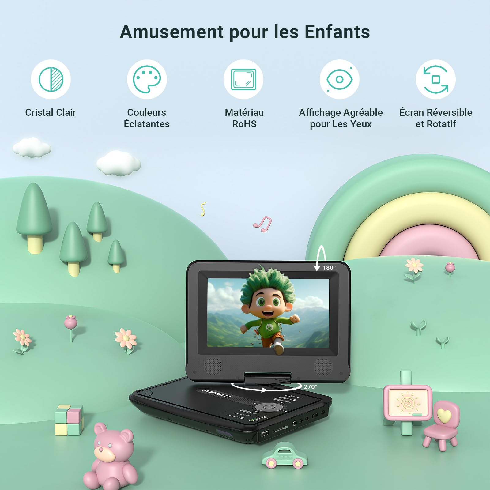 POFOTO Lecteur DVD Portable 9,5" Écran Pivotant HD 7,5" Autonomie 4-6 Heures USB/SD/Synchro TV Haut-parleurs Stéréo Noir