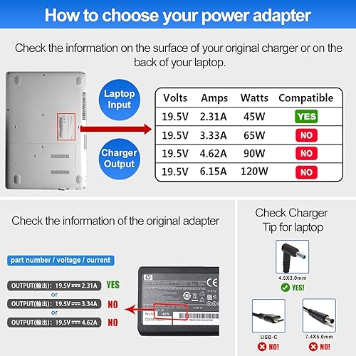 Miniatura 4 de Cargador para portátil de 45 W repuesto para cargador HP Pavilion Modelo 741727-001 Adaptador de CA - 45W 19.5V 2.31A para HP Stream 14 15 11 13