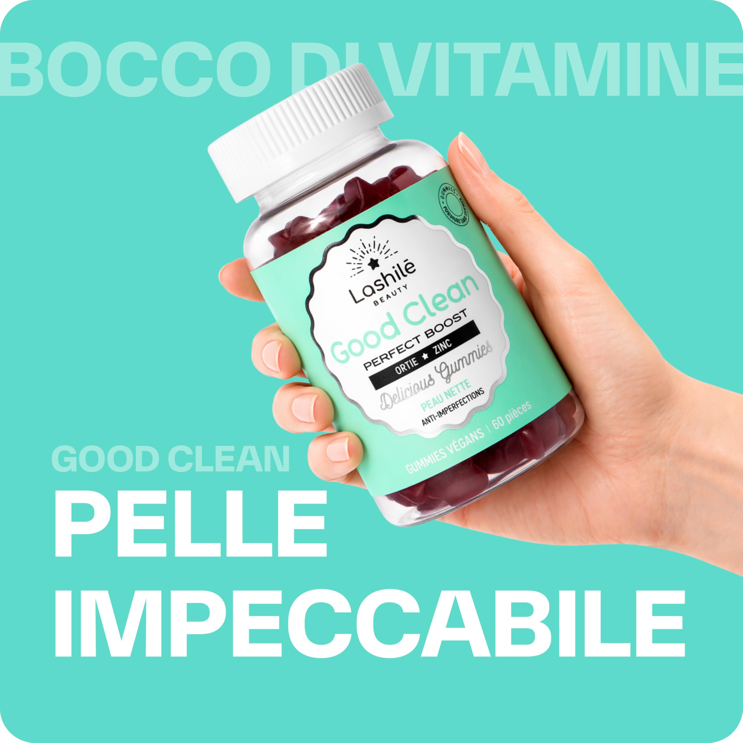 Lashilé Beauty - Integratore alimentare Anti-Acne - Pelle Netta e Anti-Imperfezioni - Regola il Sebo e Purifica - Good Clean Vitamine - Made in France - Bardana Ortica Zinco - Cura 2 Mesi 120 Gummies