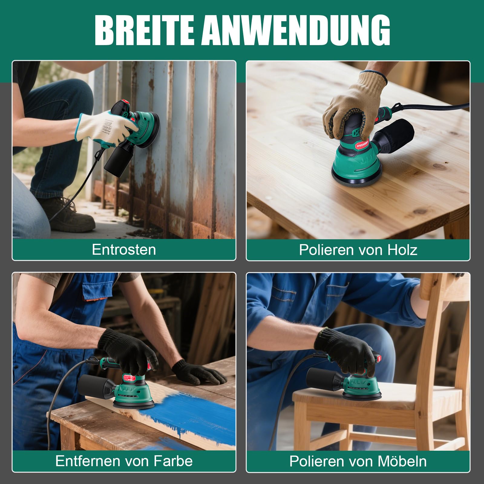 HYCHIKA Exzenterschleifer, 300W 12000OPM Exenterschleifmaschine, 6 Geschwindigkeiten, Compact Exzenterschleifer 125mm, mit 16 Stück Schleifpapier, zum Schleifen, Polieren von Holz und DIY