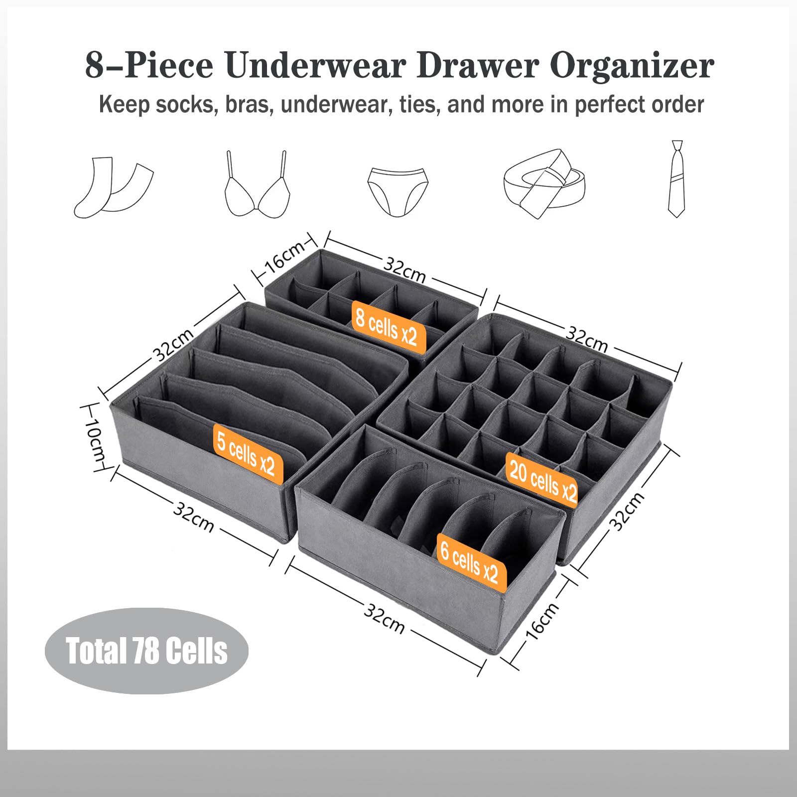 Yucch Set de 8 Organizadores de Ropa Interior, Separadores de Cajones de Tela Plegable para Sujetadores, Bragas, Calcetines y Corbatas, Gris Oscuro