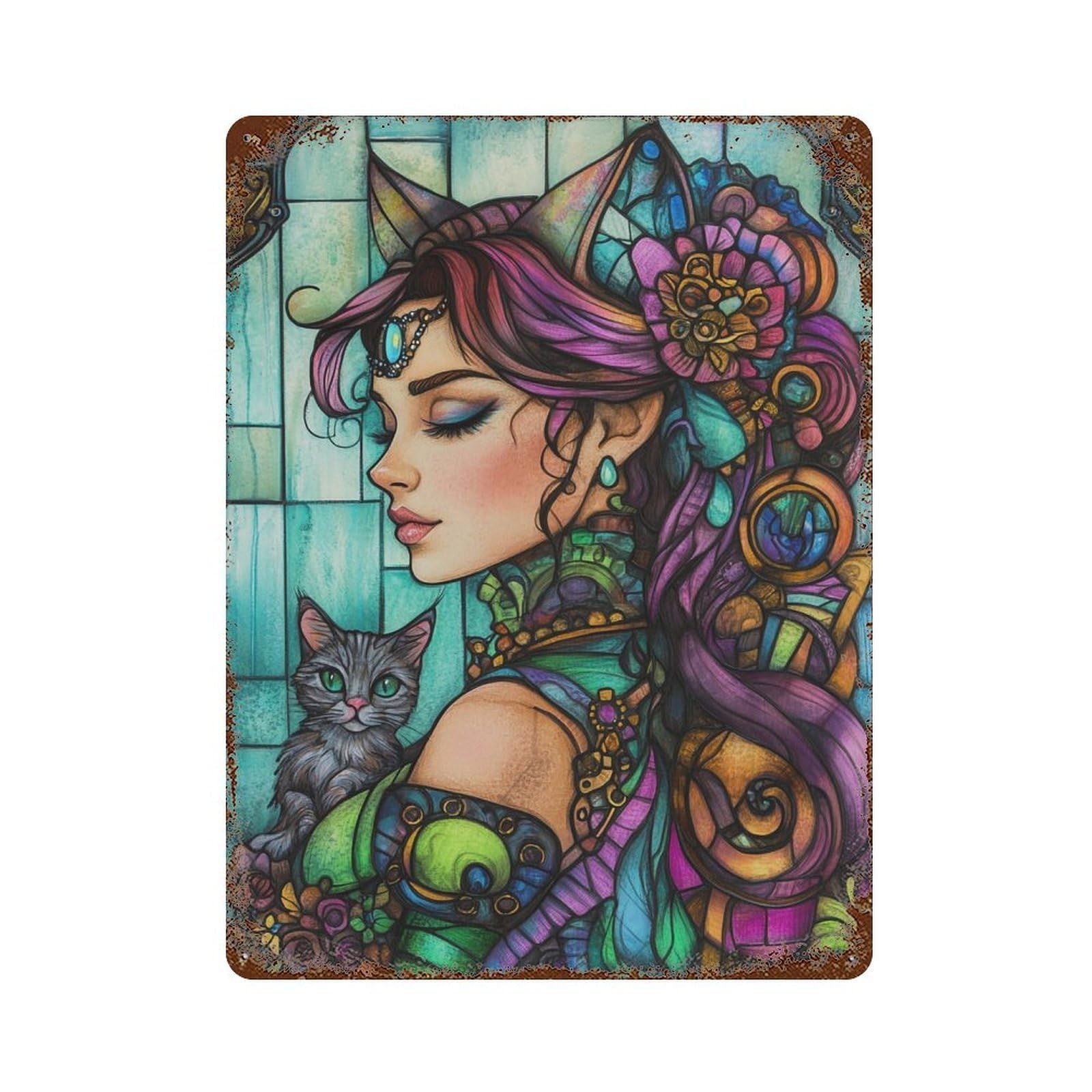 Fantasy Witch Stained Glass Artwork Rust Effect Tin Sign 15.7"x11.8", Farmhouse Wall Decor for Living Room, Hallway And Home Decor