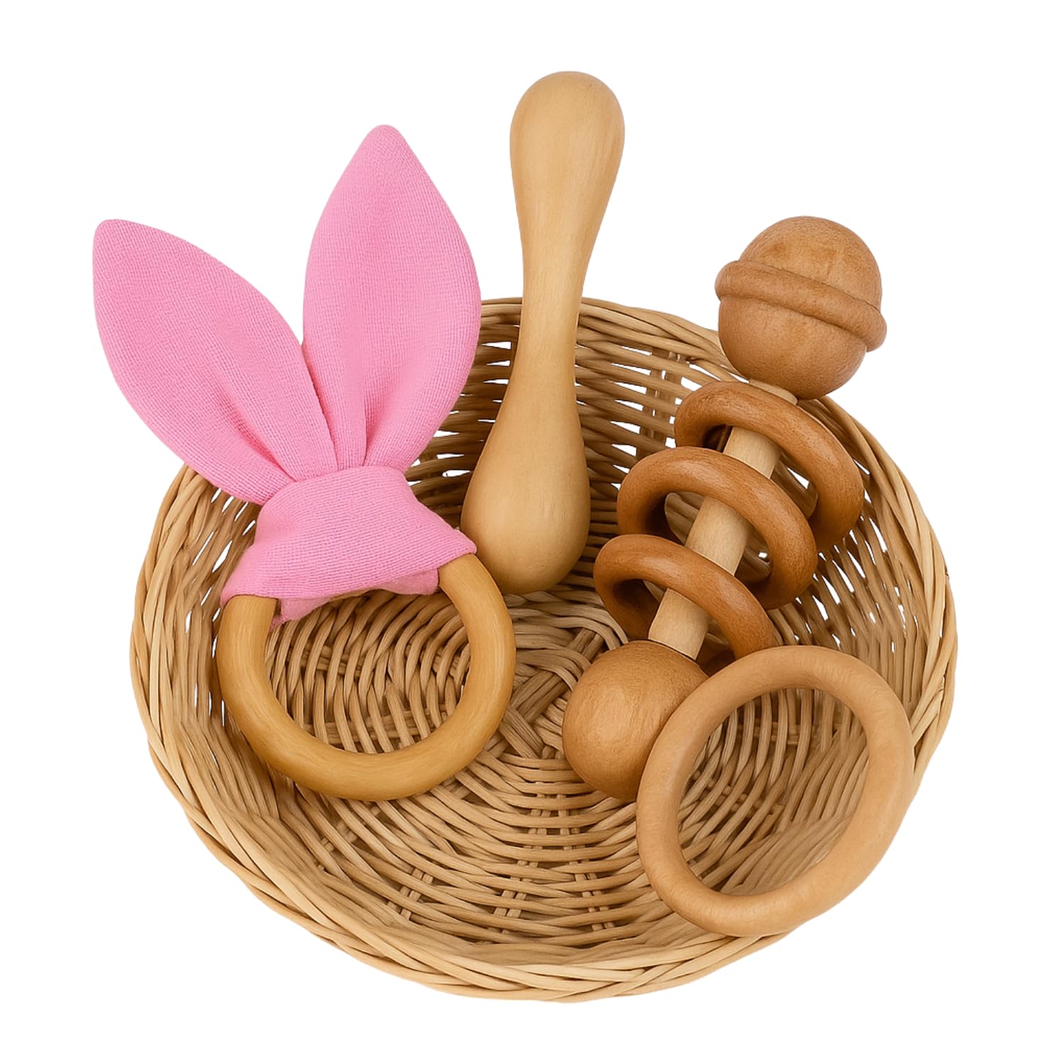 Litilish Baby Teether Combo Pack of 4 – Organic Neem Wood Teether Combo - 1 Ring , 1 Rattle, 1 Ring with Bunny Ear Cloth, 1 Dumbbell Nibbler – Safe Natural Teething Toys | Wooden Teethers for 6 to 12 Months Baby-picture-10