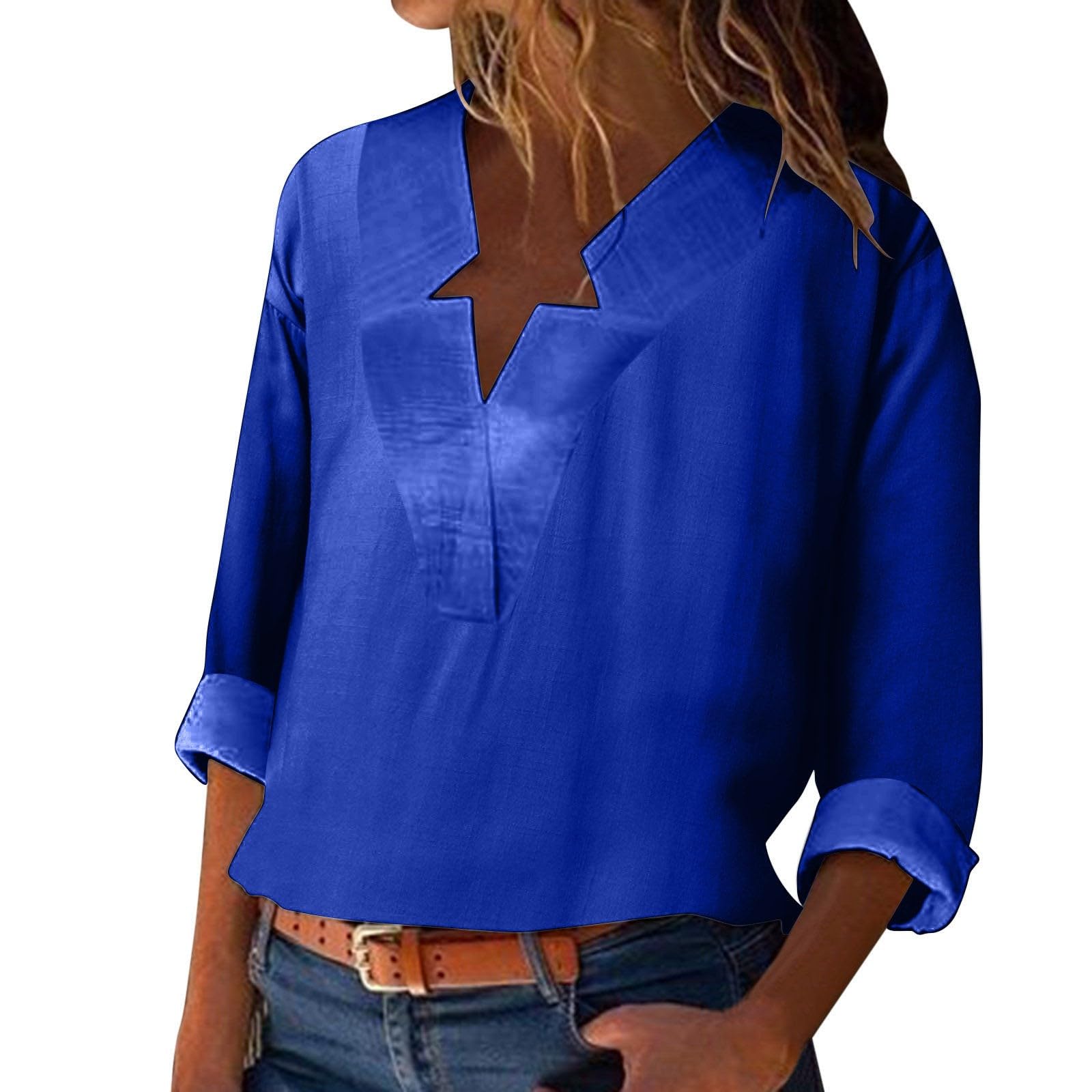 Genérico Blusas de Verano Mujer Blusa de Manga Larga de algodón y Lino para Mujer, Blusa Holgada, Informal, con Cuello en V Camisa Falsos Mujer Camiseta Corta Niña Top Ombligo