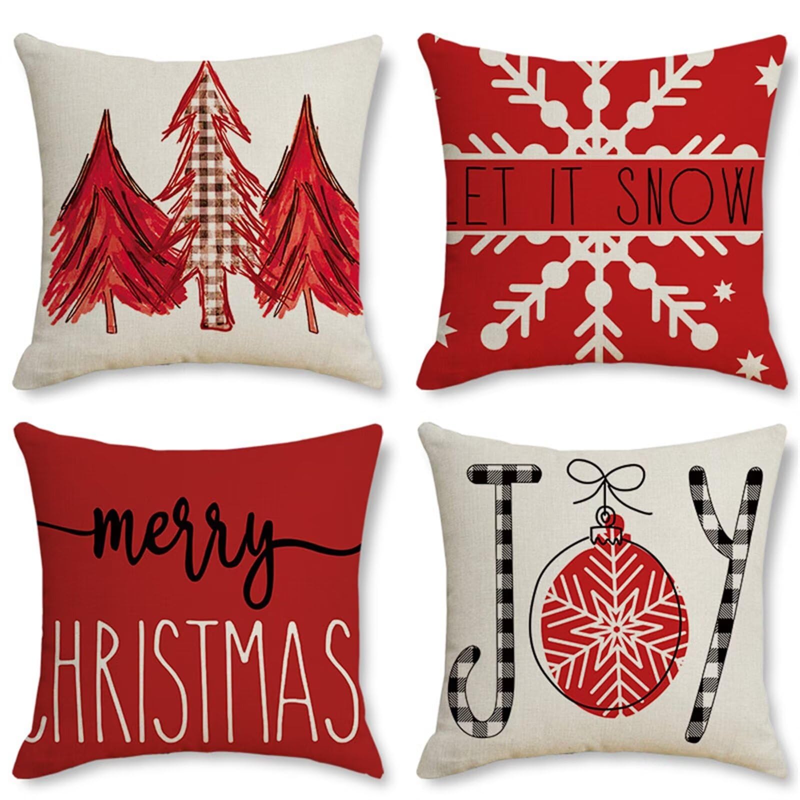 4 Pezzi Natalizi Cuscini per Divano, Natale Federe Cuscino Divano 60x60 CM Pino rosso Natale, Natale Lino Copricuscini, Decorazione Natalizia per la Casa Addobbi Soggiorno Natalizie Decorativi
