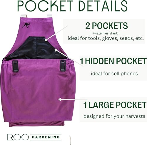 Miniatura 2 de Roo - Delantal de jardinería con bolsillos y cosecha, bolsa de recogida, ajustable, resistente al agua, lavable, lona de algodón