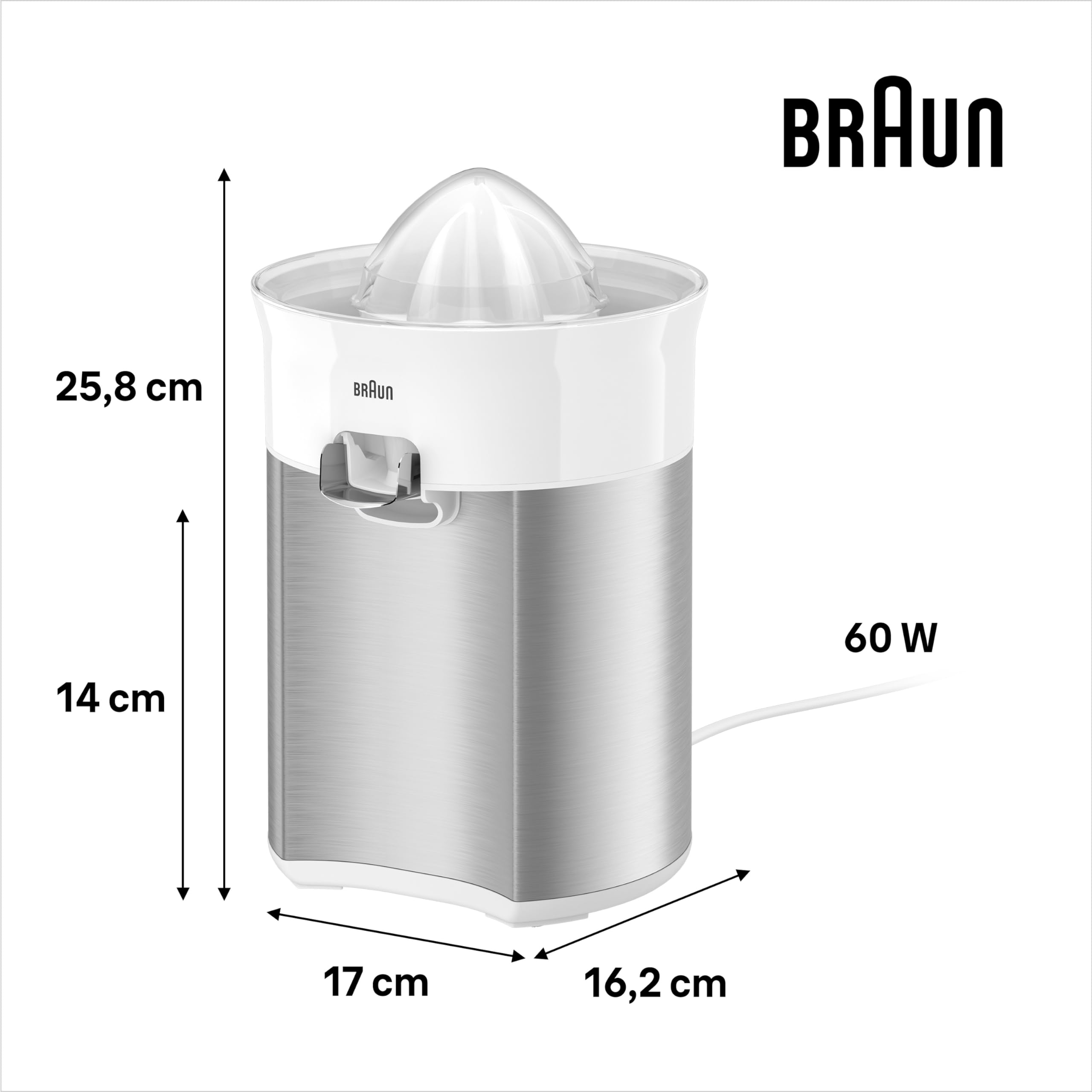 Braun CitrusQuick 5 CJ5050 WH Zitruspresse, Direkter Saftauslauf, Anti-Tropf-Auslauf, Start/Stopp-Automatik, einfache Reinigung, Direktserviersystem, Inklusive Schutzdeckel, 60W, Weiß