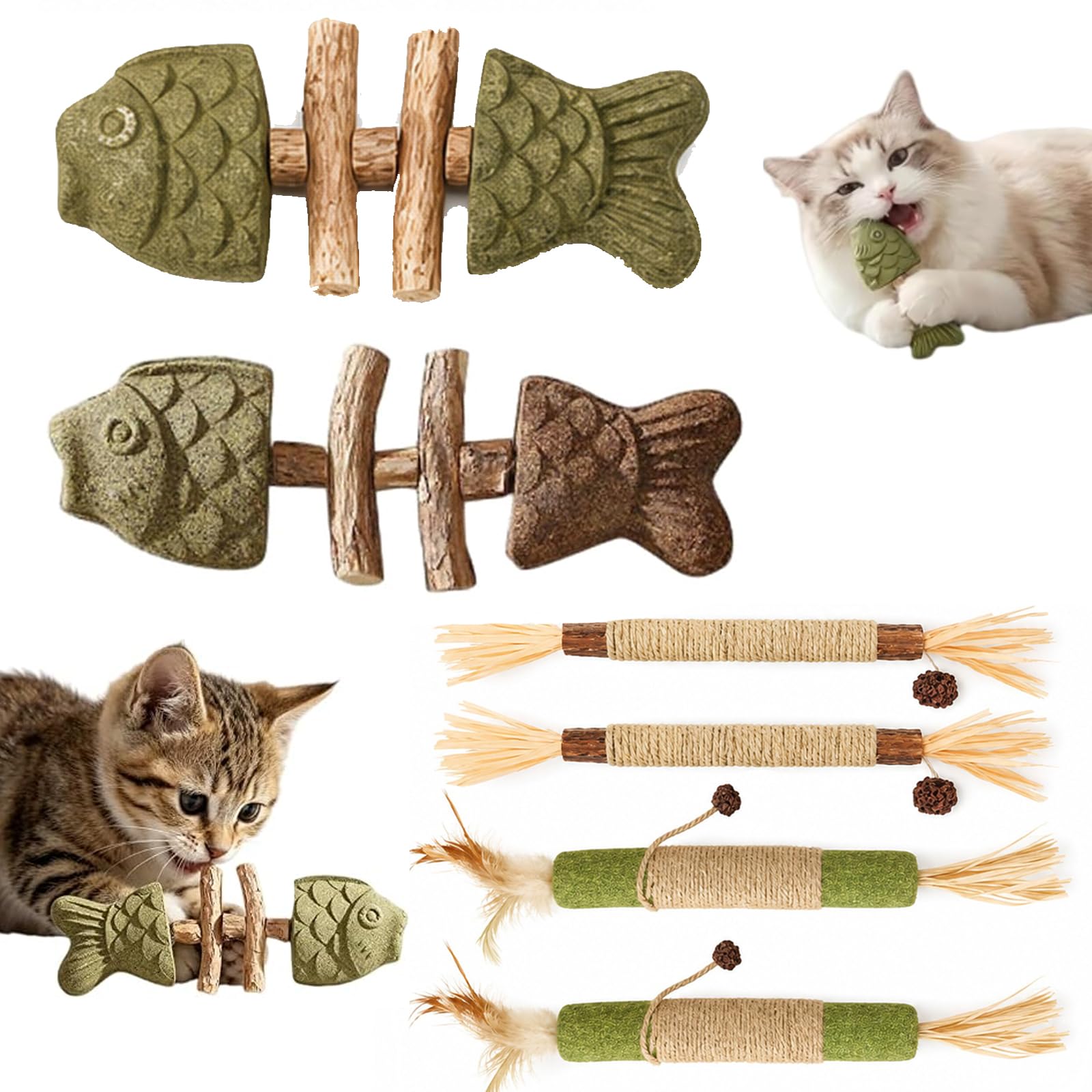 LTTNPY Catnip and Silvervine Fish Chew, Silvervine Chew Sticks for Cats, Dental Health Maintenance and Boredom Relief, 6-Piece Natural Cat Fish Bone Toy Set with 2 Fish Bones and 4 Chewing Sticks