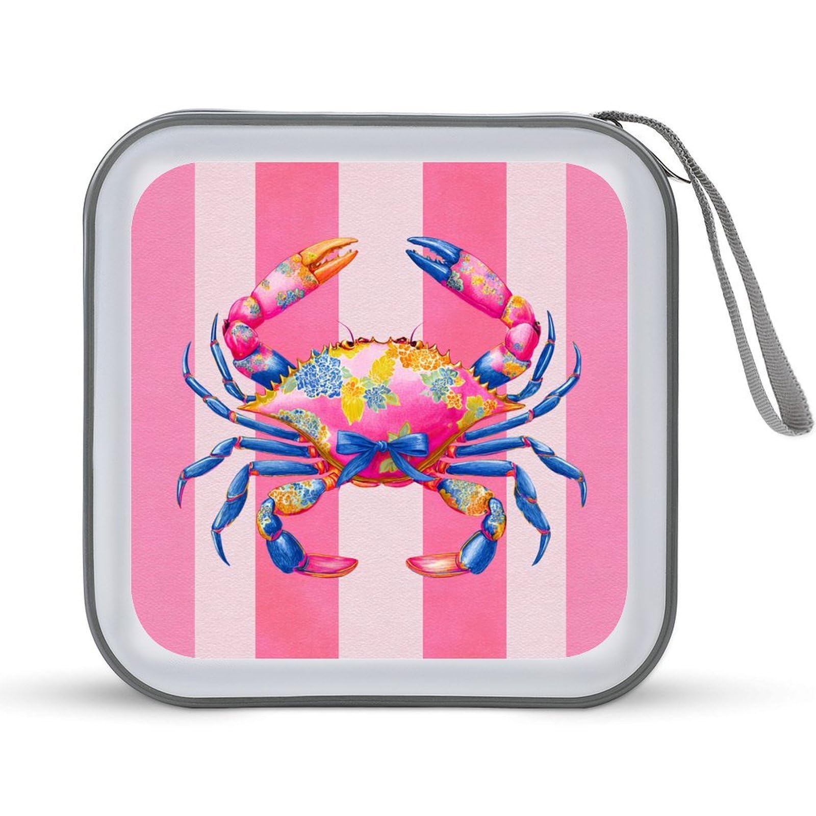 Jubonexis Preppy Neon Pink Crab with Blue Bow CD Case DVD Storage Case Portable for Car Home Travel