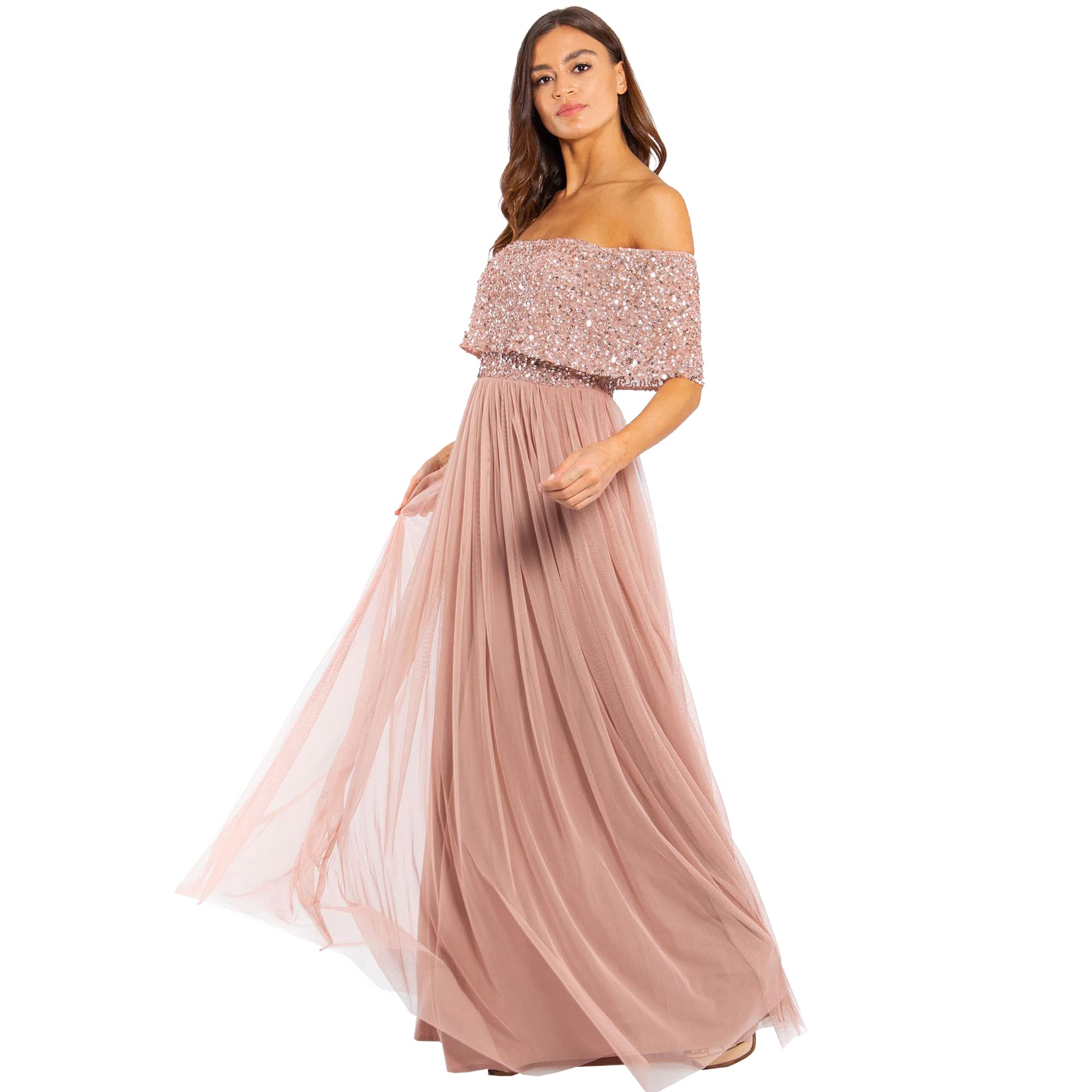 Maya Deluxe Miękka szara sukienka bardot Embellished Maxi dla druhny, kobiety