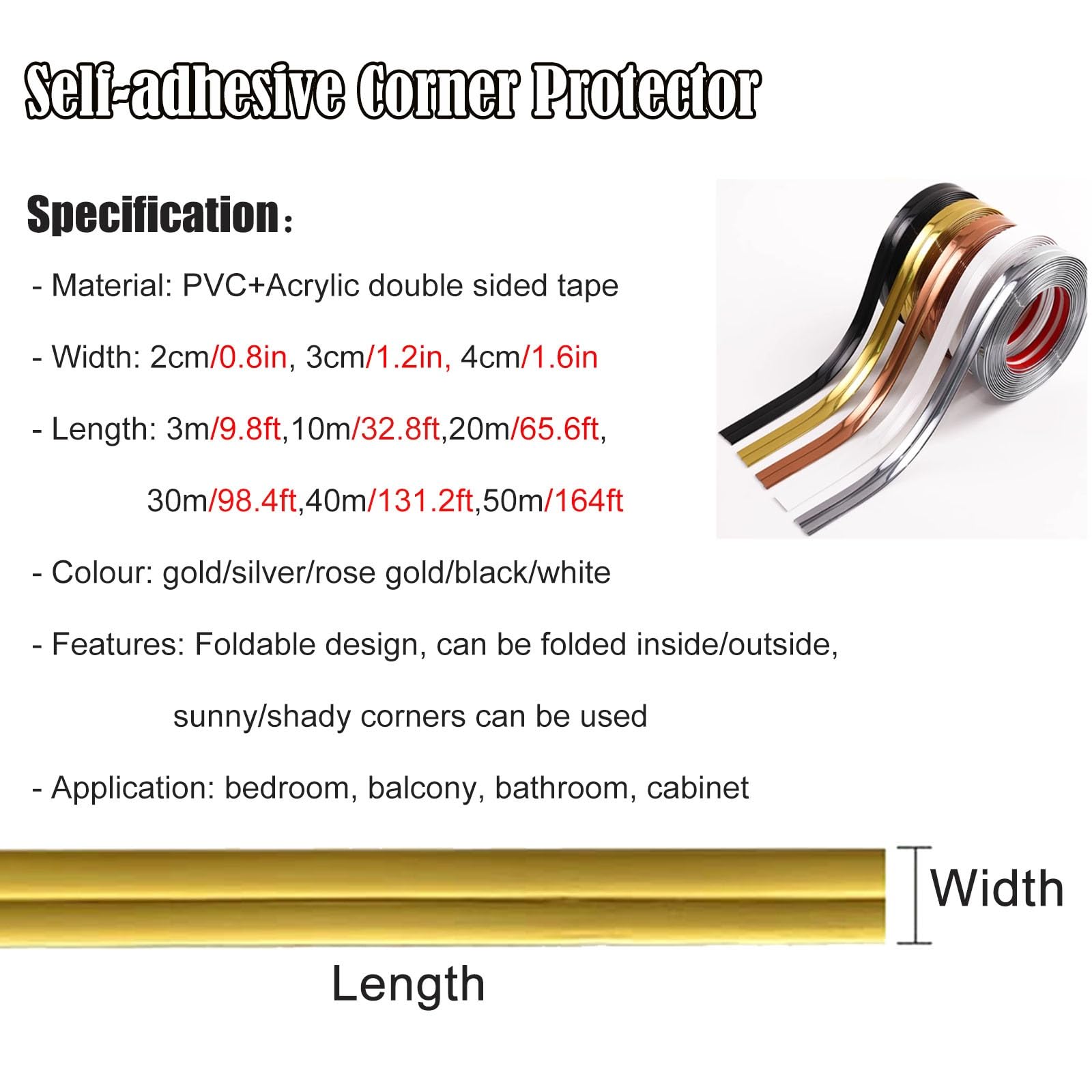 Protectores de Esquina Dorados para Paredes, Borde de Borde/Tira Protectora con Adhesivo Fuerte para Pintura, Papel Pintado, lágrimas, Huellas Dactilares, Bloqueo de Perros, Gatos, Masticar, Borde de