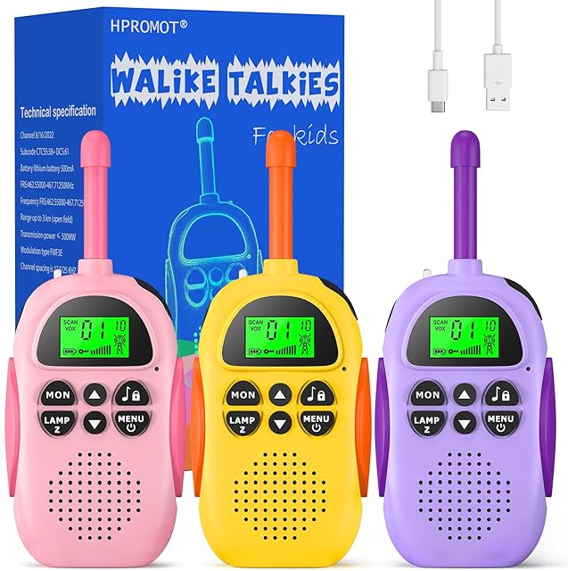 HPROMOT Rechargeable Walkie Talkies for Kids: 3 Pack Kids Walkie Talkies, Long Range 22 Channels 2 Way Radio Kids Birthday Toy Gift for 3-12 Year Old Boys Girls Outdoor Adventures Camping Hiking